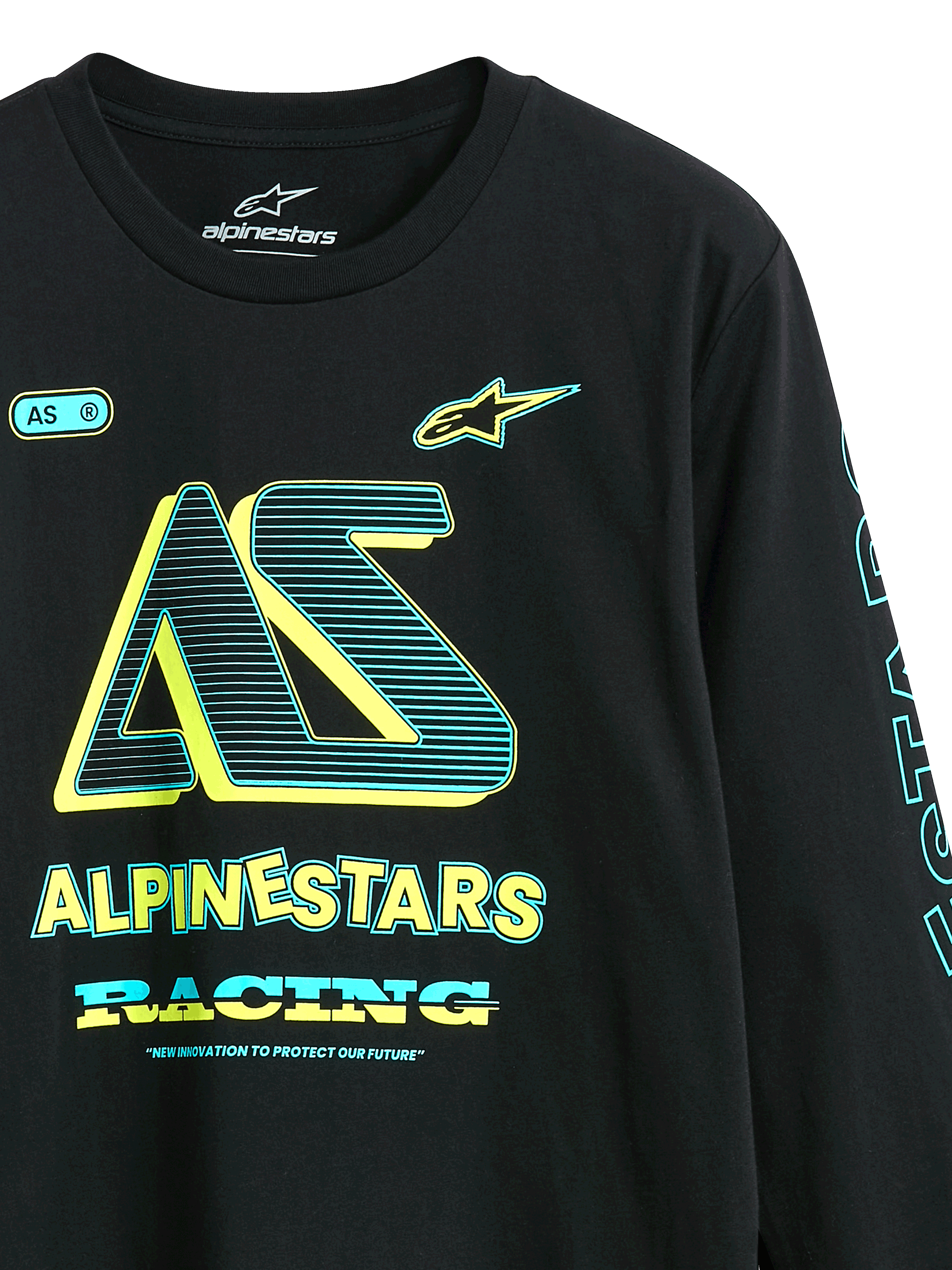 Alpinestars Ayess CSF Tee, långärmad t-shirt, svart, grafik på framsidan med 'AS'-logotyp och 'Alpinestars Racing' i gult och cyan, avslappnad motorsportinspirerad streetwear