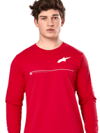 Alpinestars Committed CSF Tee, Long Sleeve T-Shirt, Red, White Astars Logo on chest with horizontal line and "Premium Racewear" text, worn by a male model, casual motorsport-inspired streetwear