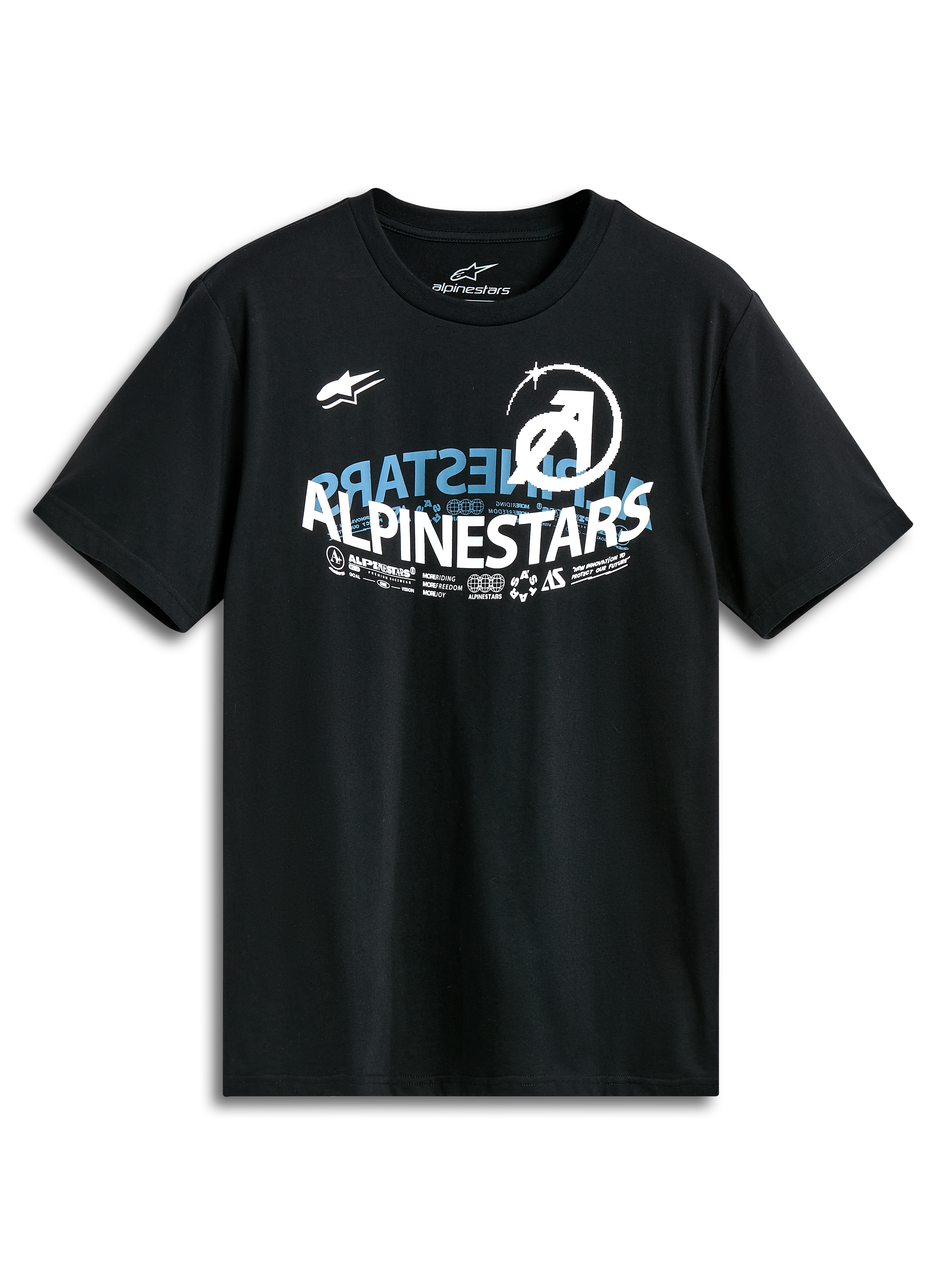 Alpinestars Semicircle Csf Tee, kortärmad t-shirt, svart, halvcirkelformad böjd Alpinestars-grafik framtill med blå och vita detaljer, avslappnad motorsportinspirerad design