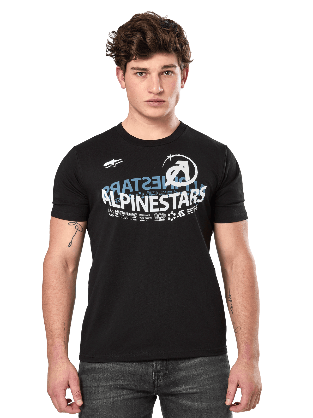 Alpinestars Semicircle CSF Tee, Short Sleeve T-Shirt, Black, White and blue Alpinestars semicircle curved graphic on chest, Casual Motorsport Streetwear