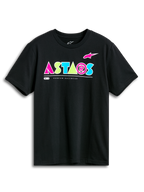 Alpinestars Cereal CSF Tee, kortärmad t-shirt, svart, livfull geometrisk ASTARS-logotyp i rosa, limegrönt och ljusblått, vardagligt motorsport-streetwear