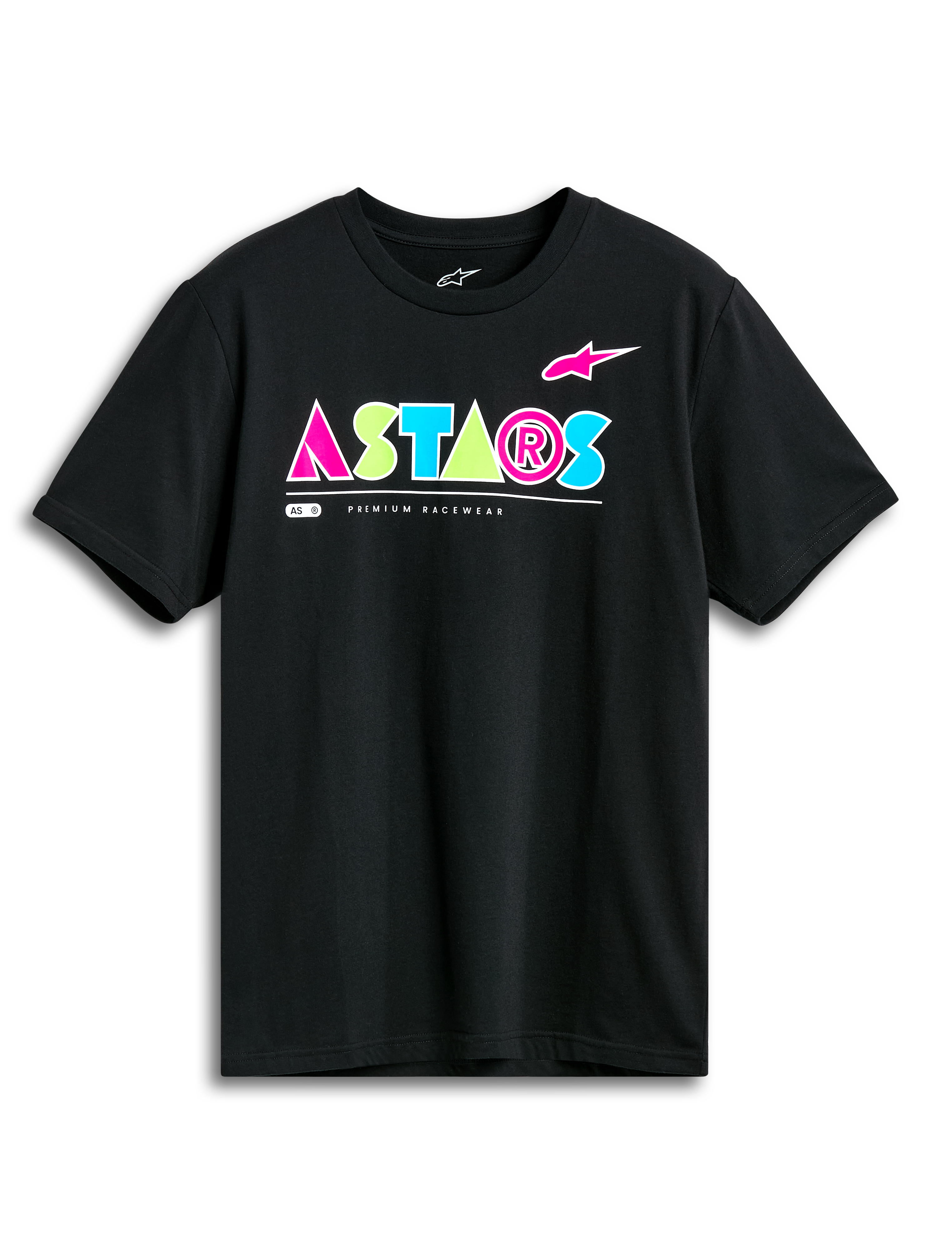 Alpinestars Cereal CSF Tee, kortärmad t-shirt, svart, livfull geometrisk ASTARS-logotyp i rosa, limegrönt och ljusblått, vardagligt motorsport-streetwear