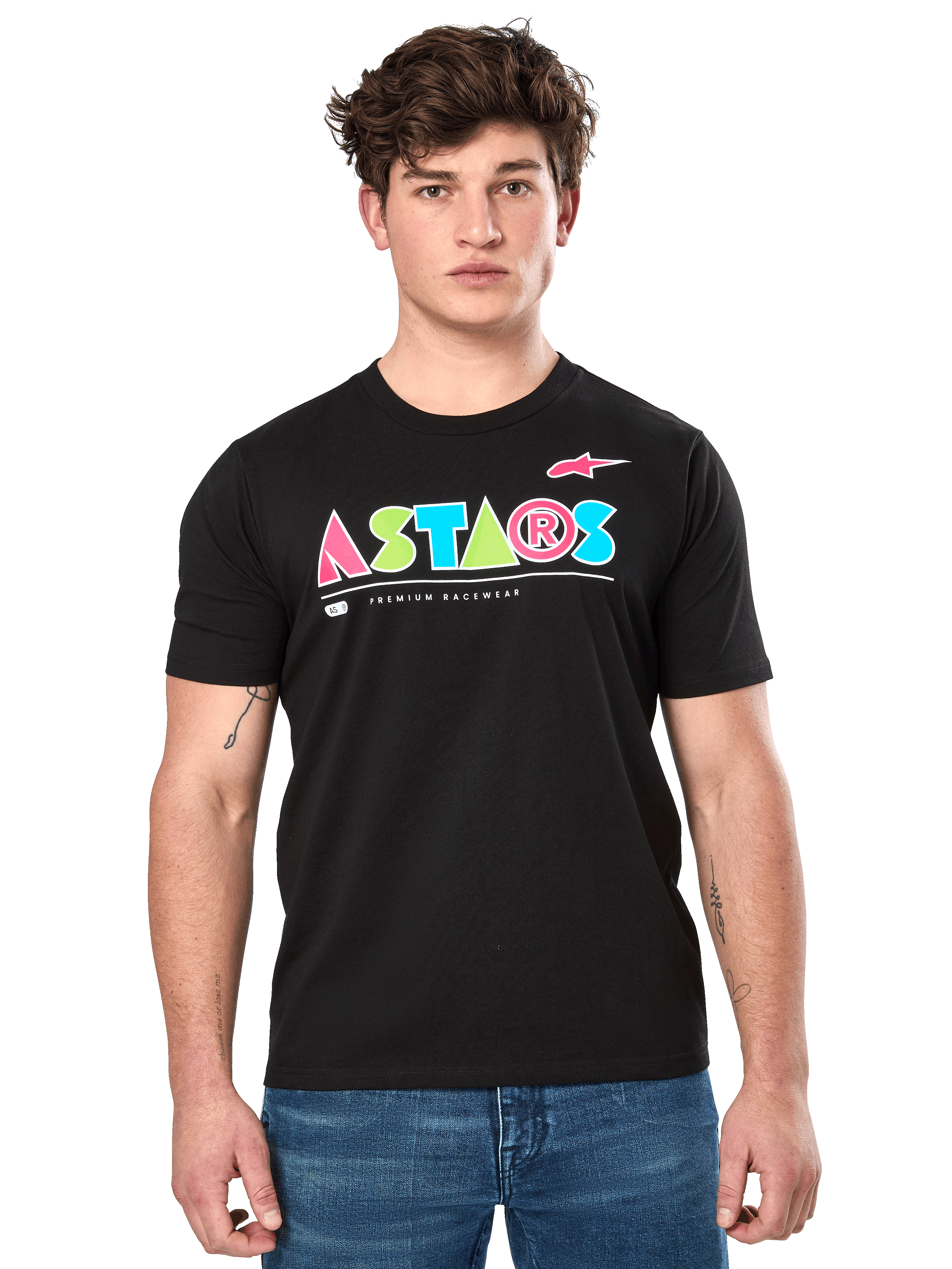 Alpinestars Cereal CSF Tee, Black Short Sleeve T-Shirt, worn by male model, colorful geometric ASTARS logo with Premium Racewear text, casual motorsport streetwear