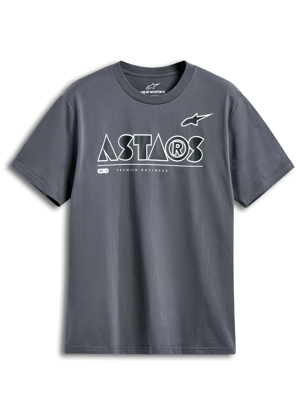 Alpinestars Cereal CSF Tee, Short Sleeve T-Shirt, Charcoal, white geometric ASTARS logo with Premium Racewear text, casual motorsport streetwear