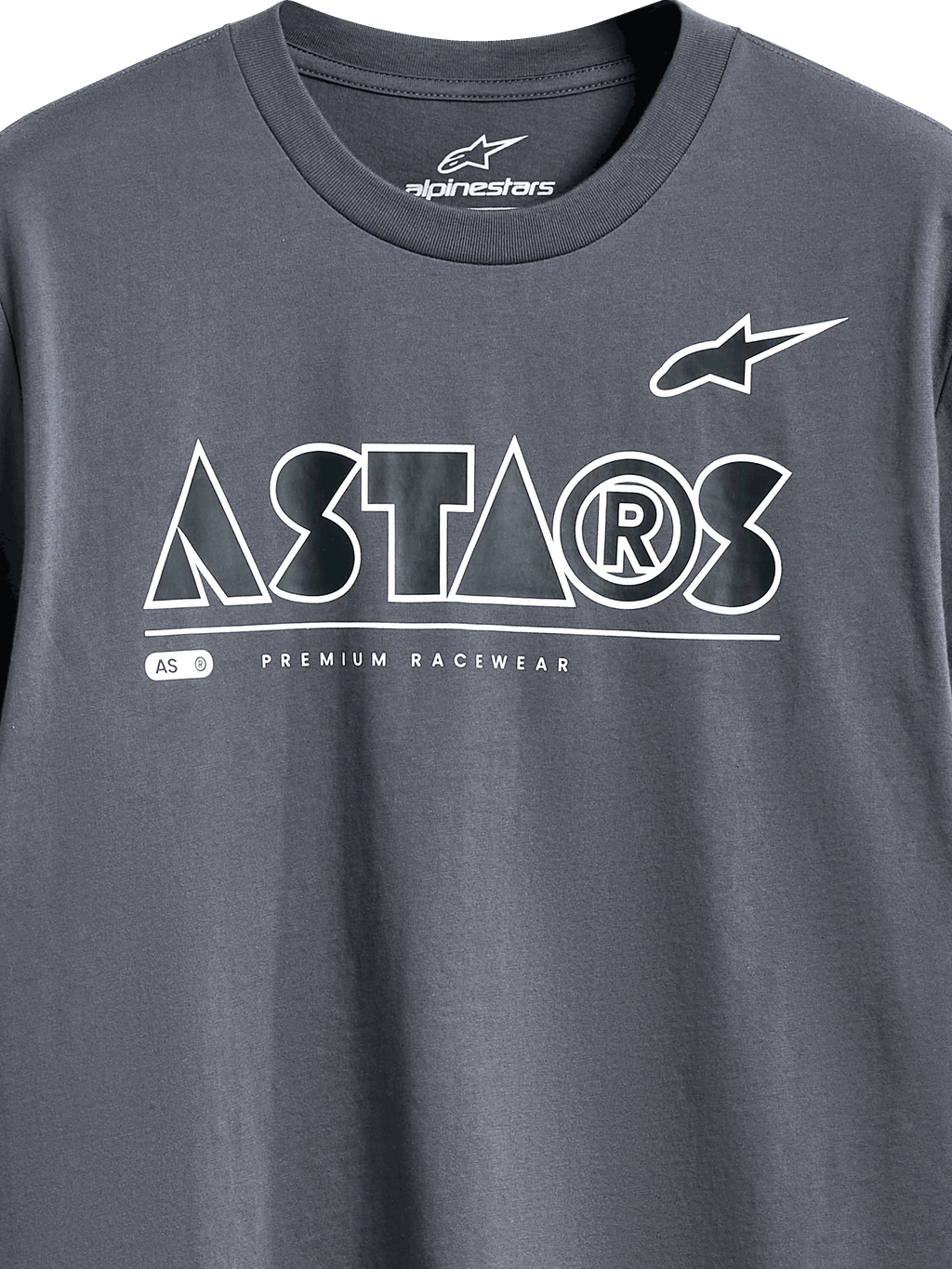 Alpinestars Cereal CSF Tee, Short Sleeve T-Shirt, Charcoal, detail view of front chest graphic featuring white geometric ASTARS text logo and PREMIUM RACEWEAR tagline, casual motorsport streetwear