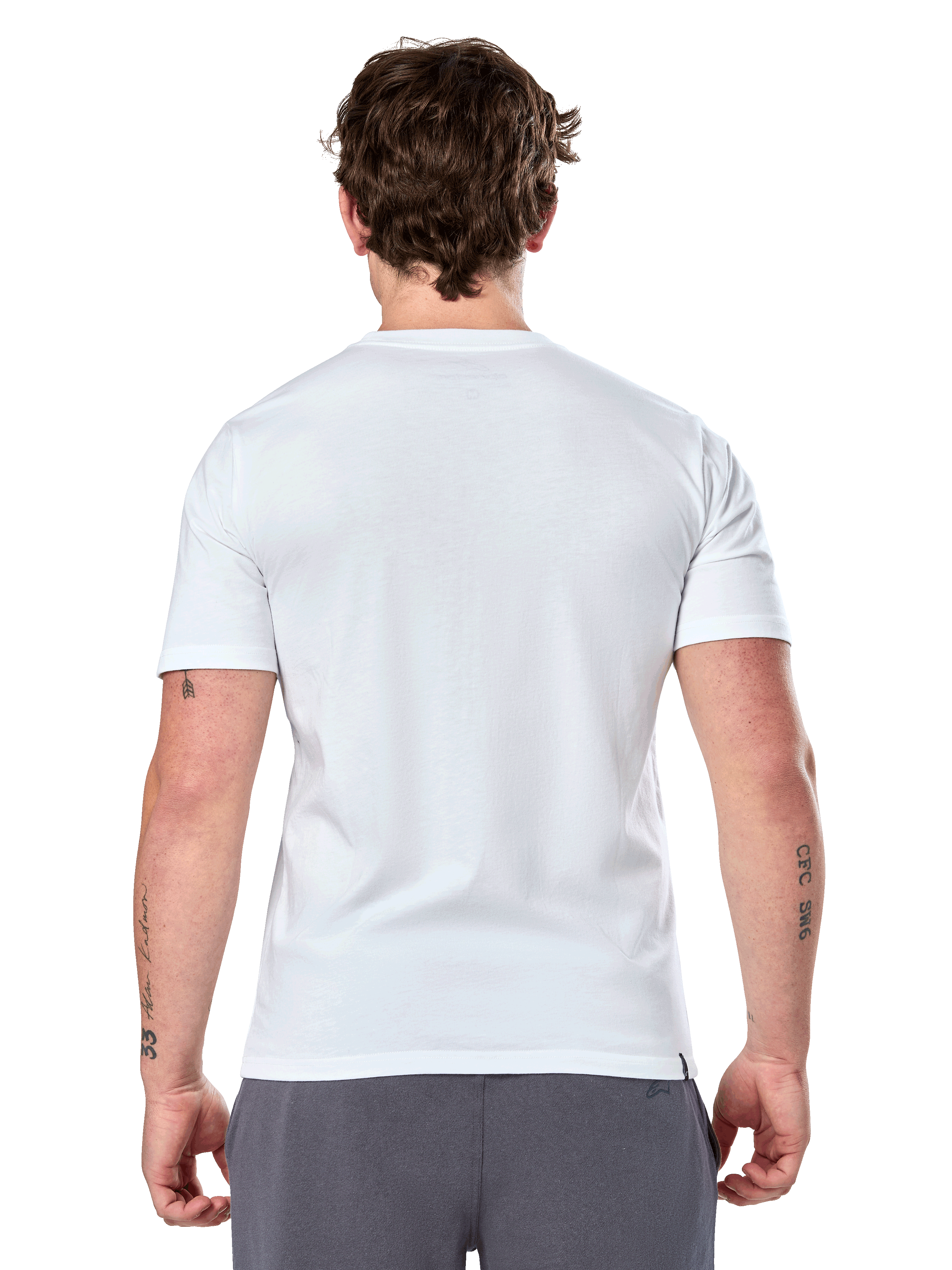 Alpinestars Geografica CSF Tee, kortärmad t-shirt, vit, vy bakifrån, bärs av modell med grå byxor, vardaglig motorsport-streetwear