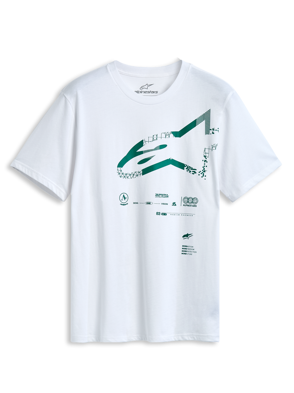 Alpinestars Geografica CSF T-shirt, kortärmad, vit, grön Astars-logotyp på framsidan med multi-tech-grafik, casual motorsport-sportkläder