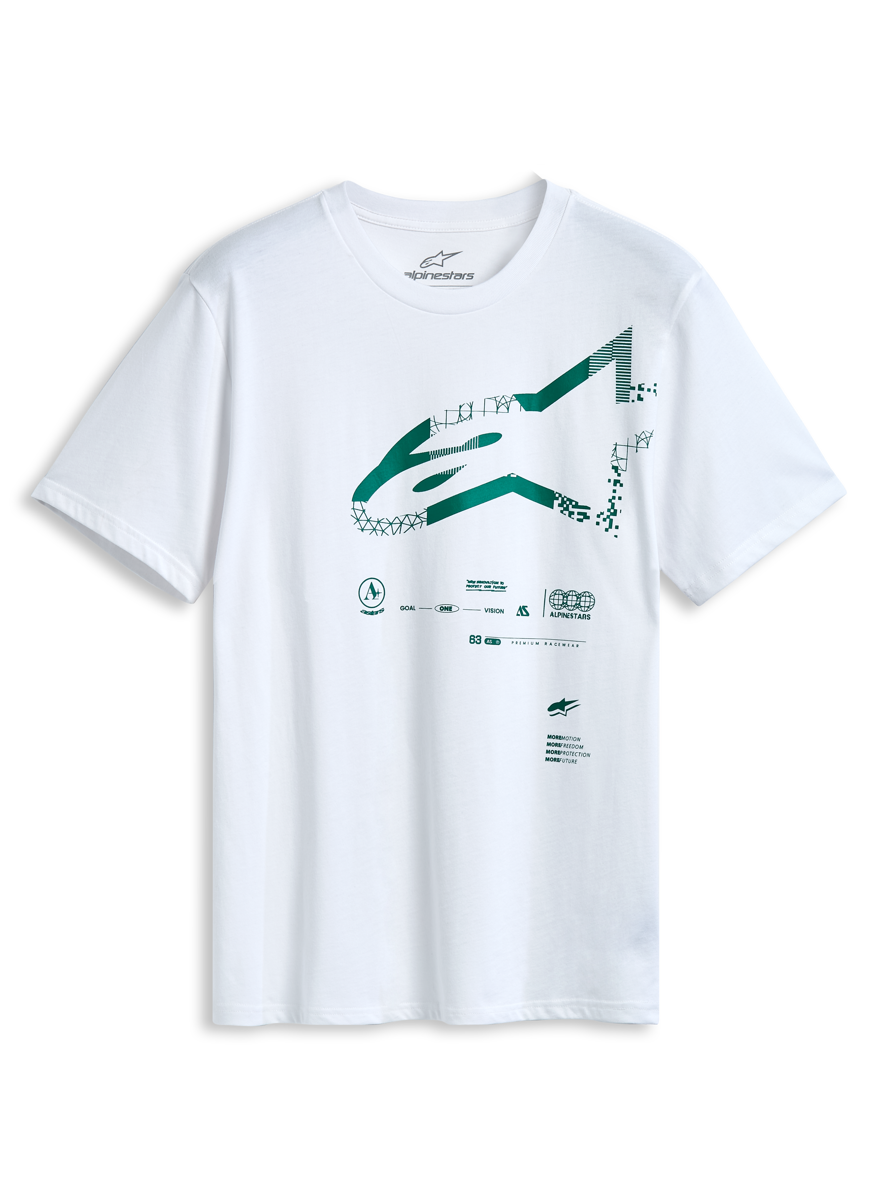 Alpinestars Geografica CSF T-shirt, kortärmad, vit, grön Astars-logotyp på framsidan med multi-tech-grafik, casual motorsport-sportkläder