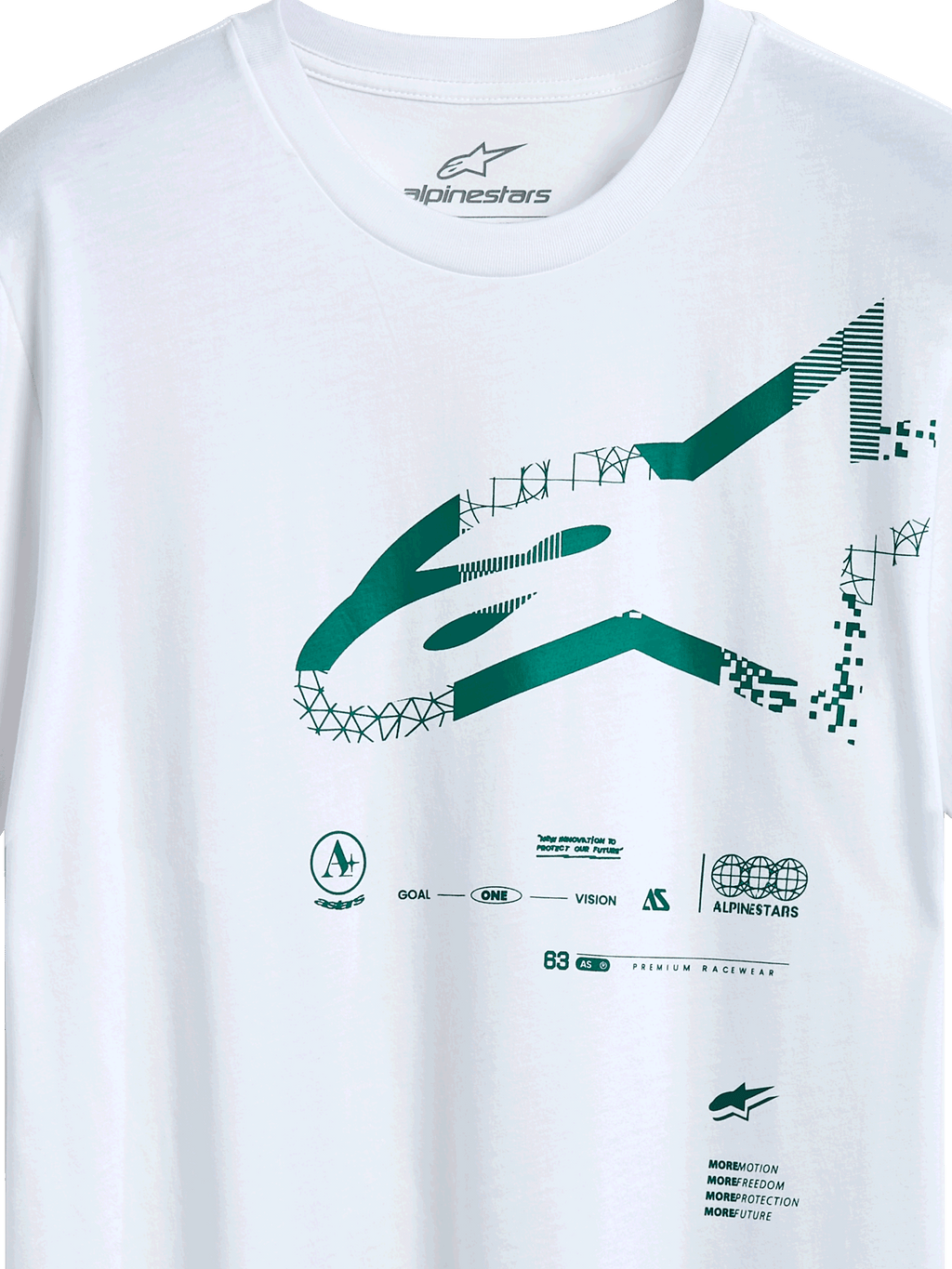 Alpinestars Geografica CSF Tee, kortärmad t-shirt, vit, grön Multi-Tech Astars-logotyp med geometrisk och pixlad grafik, casual motorsport-streetwear