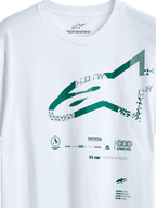 Alpinestars Geografica CSF Tee, kortärmad t-shirt, vit, grön Multi-Tech Astars-logotyp med geometrisk och pixlad grafik, casual motorsport-streetwear