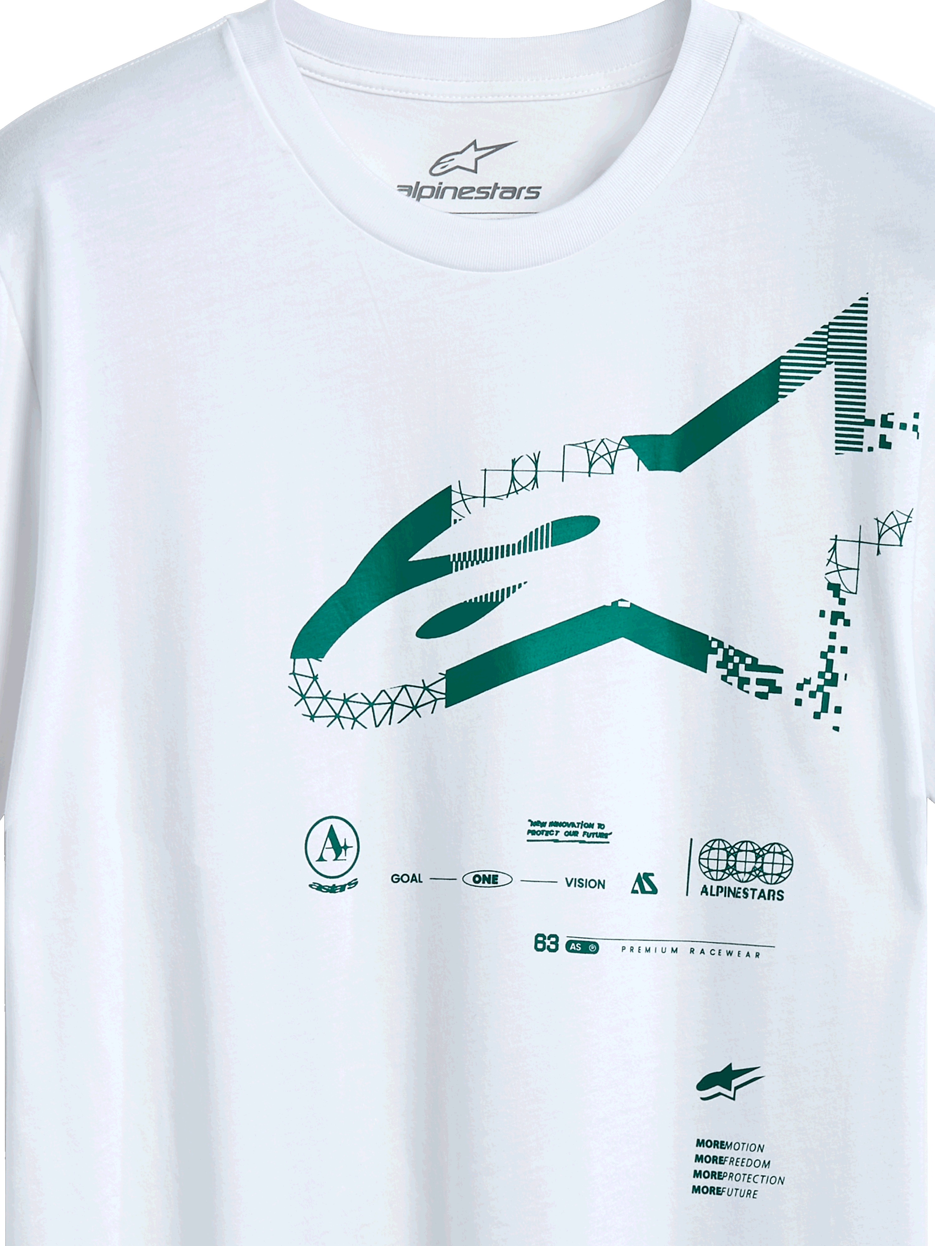 Alpinestars Geografica CSF Tee, kortärmad t-shirt, vit, grön Multi-Tech Astars-logotyp med geometrisk och pixlad grafik, casual motorsport-streetwear