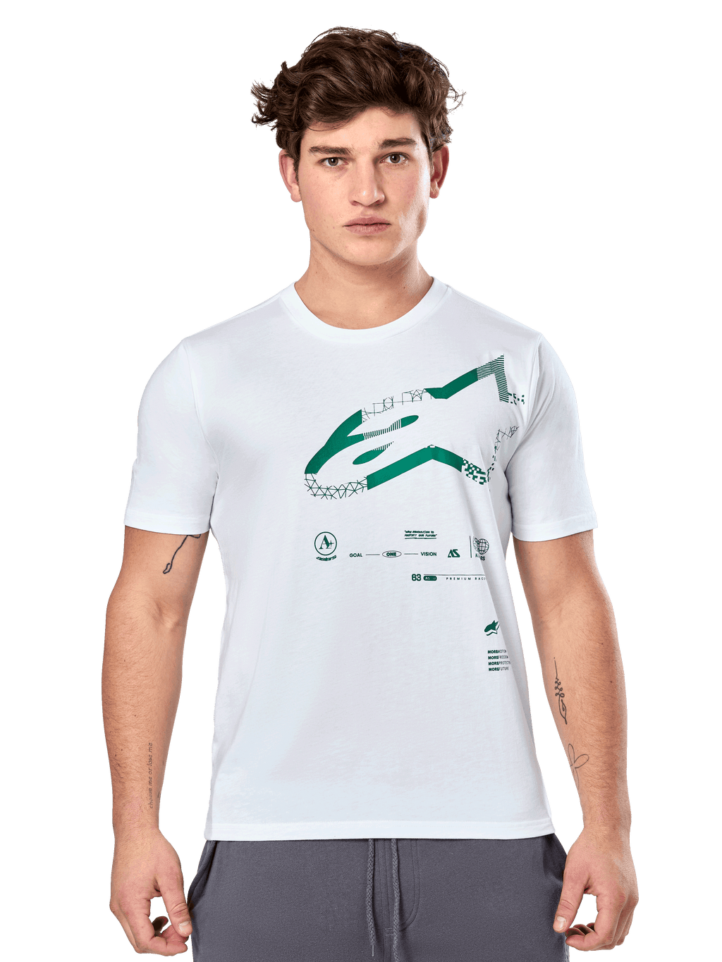 Alpinestars Geografica CSF Tee, vit kortärmad t-shirt med grön multi-tech Astars-grafik och tekniska symboler, casual motorsport-sportkläder