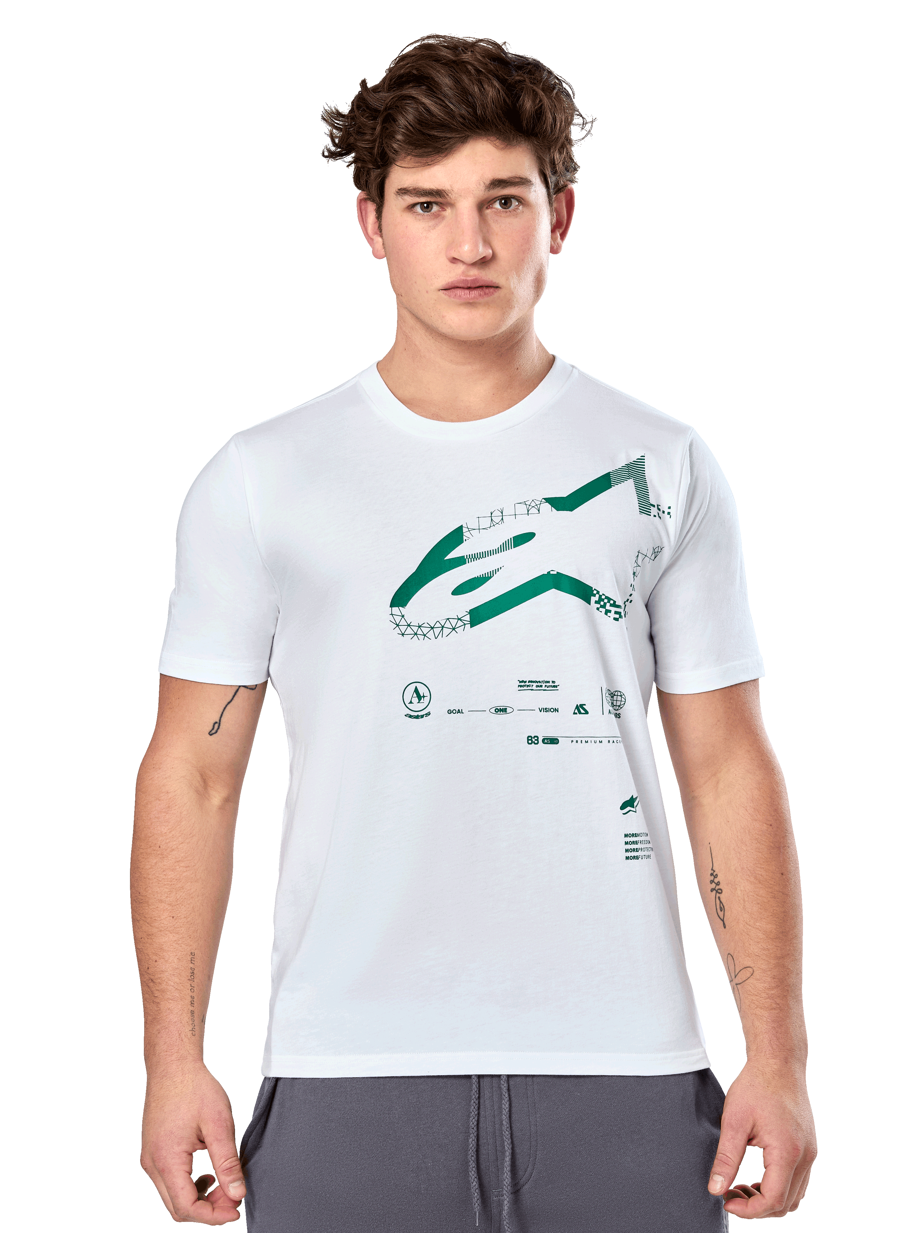 Alpinestars Geografica CSF Tee, vit kortärmad t-shirt med grön multi-tech Astars-grafik och tekniska symboler, casual motorsport-sportkläder