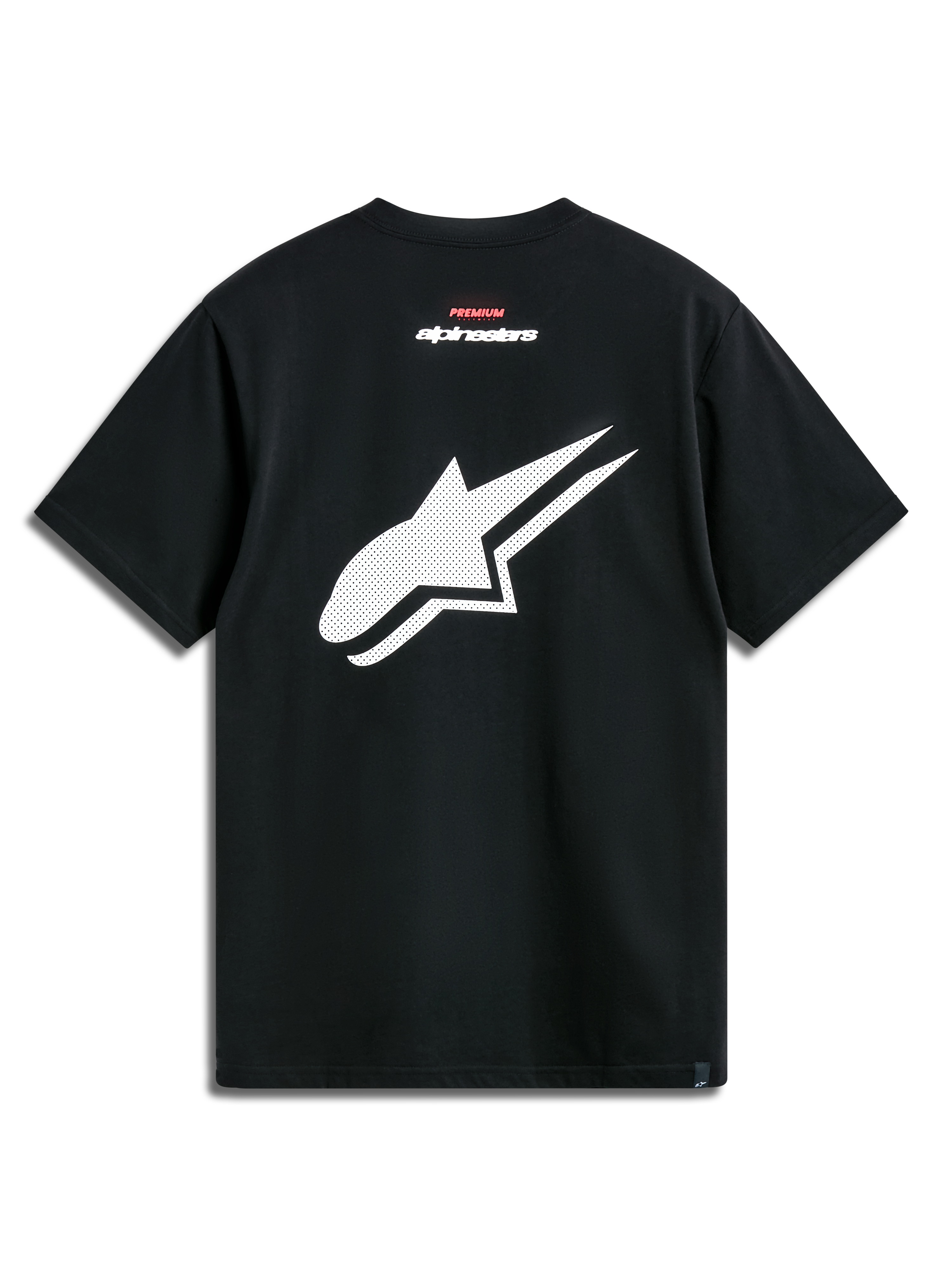 Alpinestars Formulate Csf Tee, kortärmad t-shirt, svart, vy bakifrån med en stor vit perforerad Astars-logotyp och röd och vit textbranding, casual motorsport-streetwear