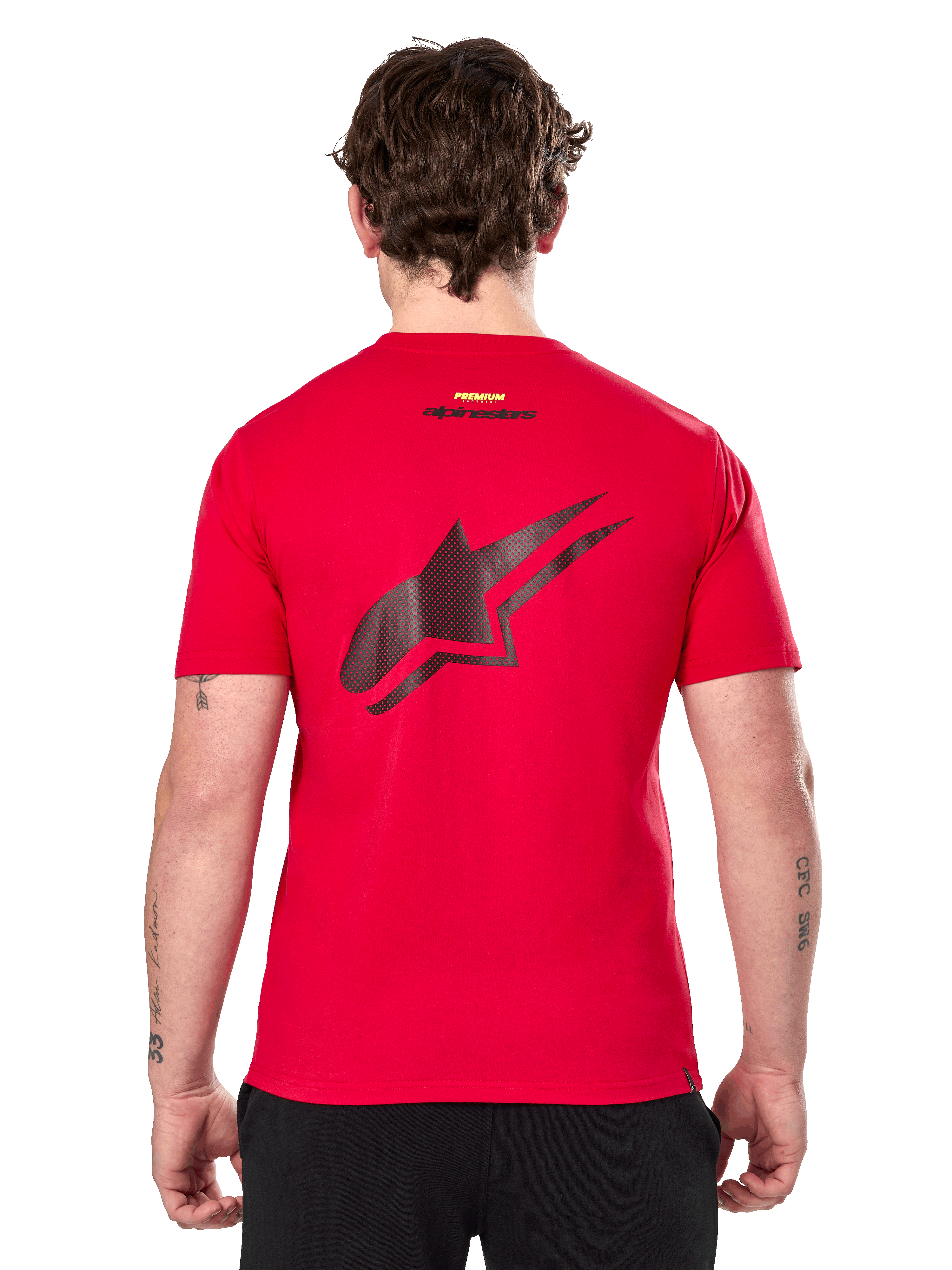 Alpinestars Formulate CSF Tee, kortärmad t-shirt, röd, stor svart perforerad Astars-logotyp på ryggen, avslappnad motorsportinspirerad design