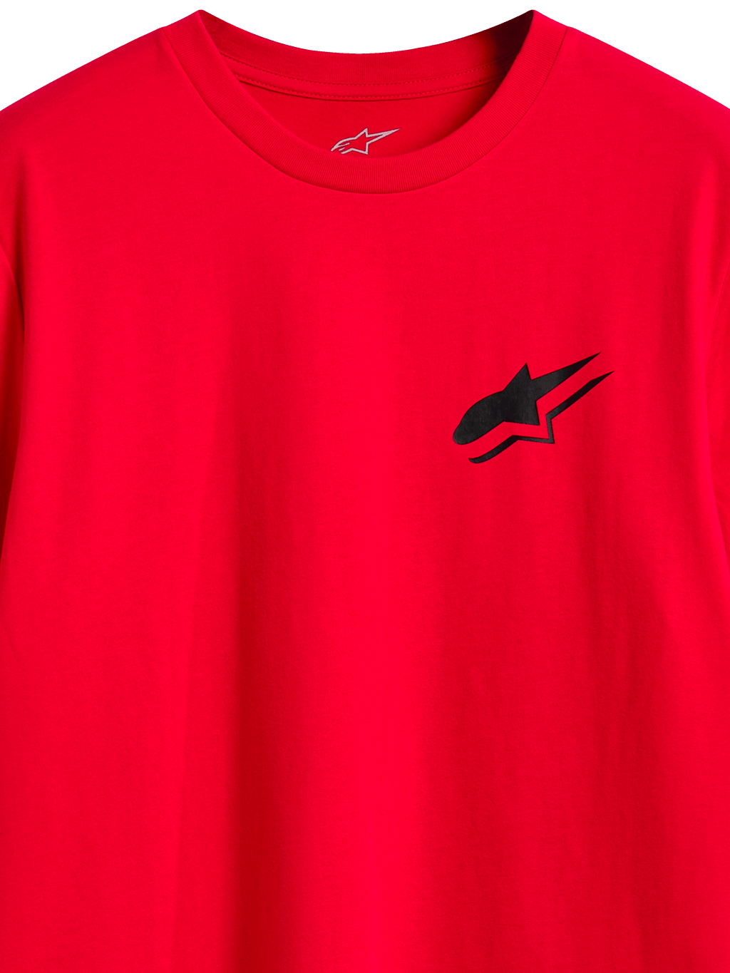 Alpinestars Formulate CSF T-shirt, kortärmad t-shirt, röd, svart Astars-logotyp på bröstet, närbild av halsringning och grafik på framsidan, vardagskläder