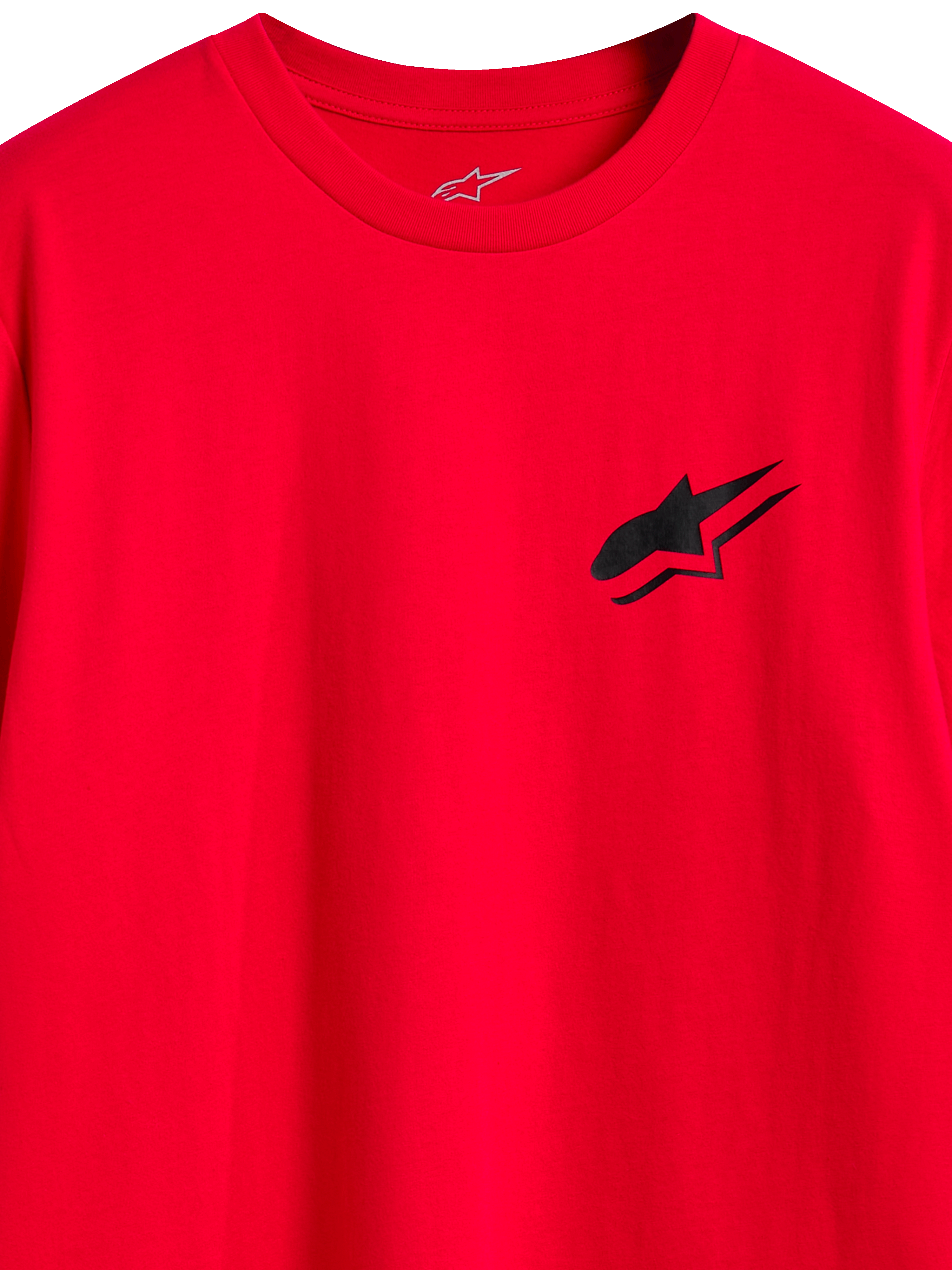 Alpinestars Formulate CSF T-shirt, kortärmad t-shirt, röd, svart Astars-logotyp på bröstet, närbild av halsringning och grafik på framsidan, vardagskläder