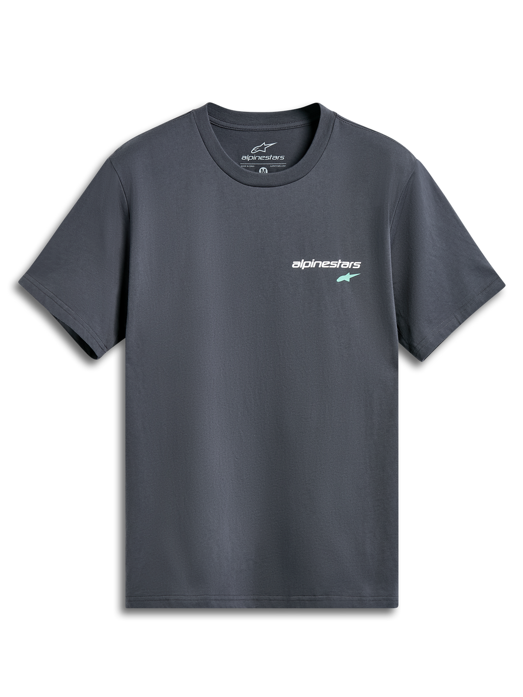 Alpinestars No Barrier CSF Tee, kortärmad t-shirt, mörkgrå, liten vit textlogotyp med mintgrön stjärna på bröstet, avslappnad motorsport-inspirerad streetwear