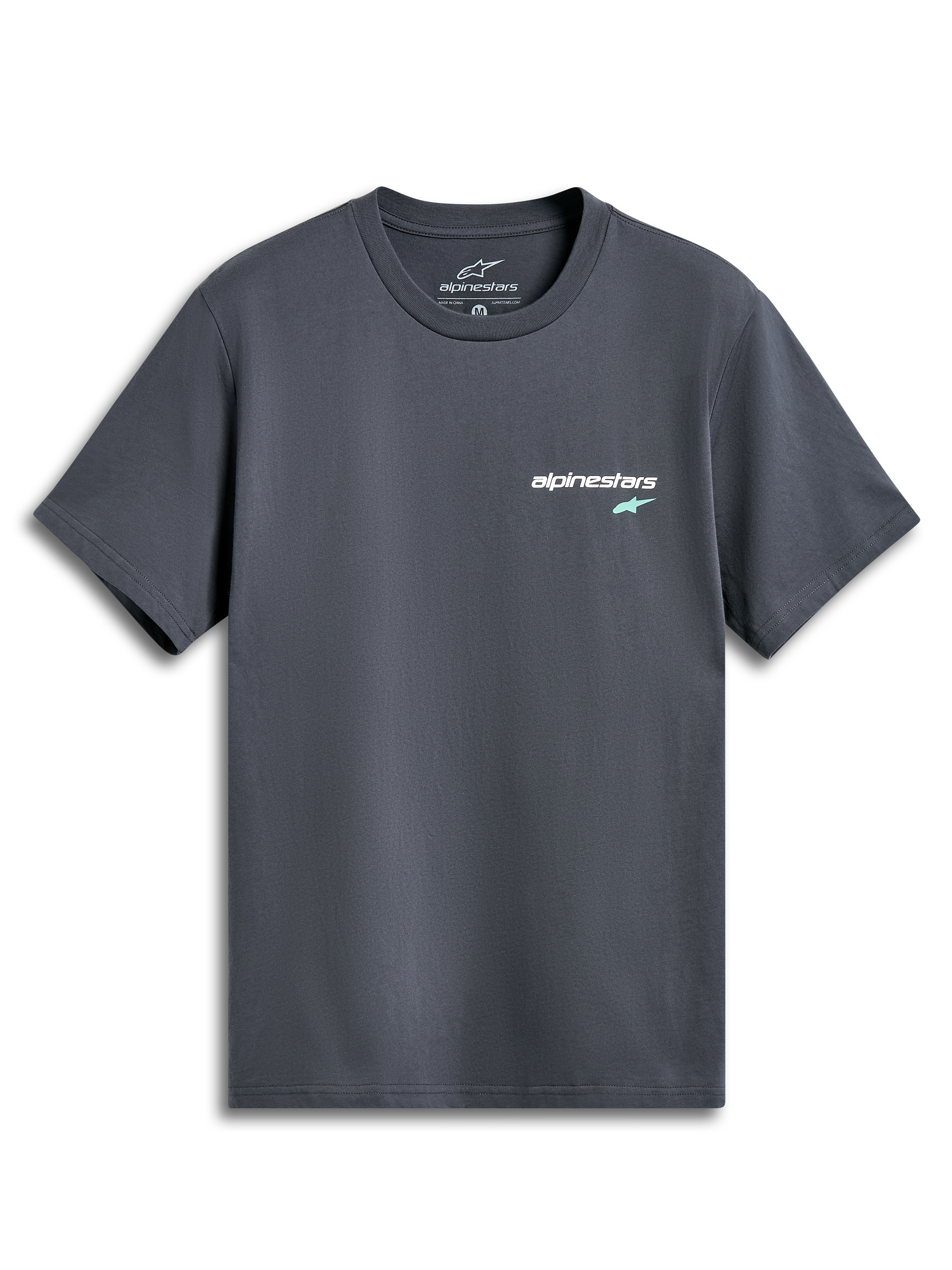Alpinestars No Barrier CSF Tee, kortärmad t-shirt, mörkgrå, liten vit textlogotyp med mintgrön stjärna på bröstet, avslappnad motorsport-inspirerad streetwear