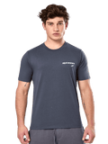 Alpinestars No Barrier CSF Tee, kortärmad t-shirt, mörkgrå, vit Alpinestars-logotyp med en turkos stjärna på bröstet, casual motorsport-streetwear