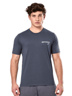 Alpinestars No Barrier CSF Tee, kortärmad t-shirt, mörkgrå, vit Alpinestars-logotyp med en turkos stjärna på bröstet, casual motorsport-streetwear