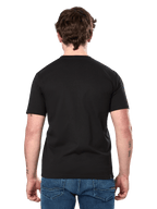 Alpinestars Dot Carbon CSF Tee, Short Sleeve T-Shirt, Black, rear view on model showing plain back and casual fit, worn with blue jeans, motorsport-inspired streetwear