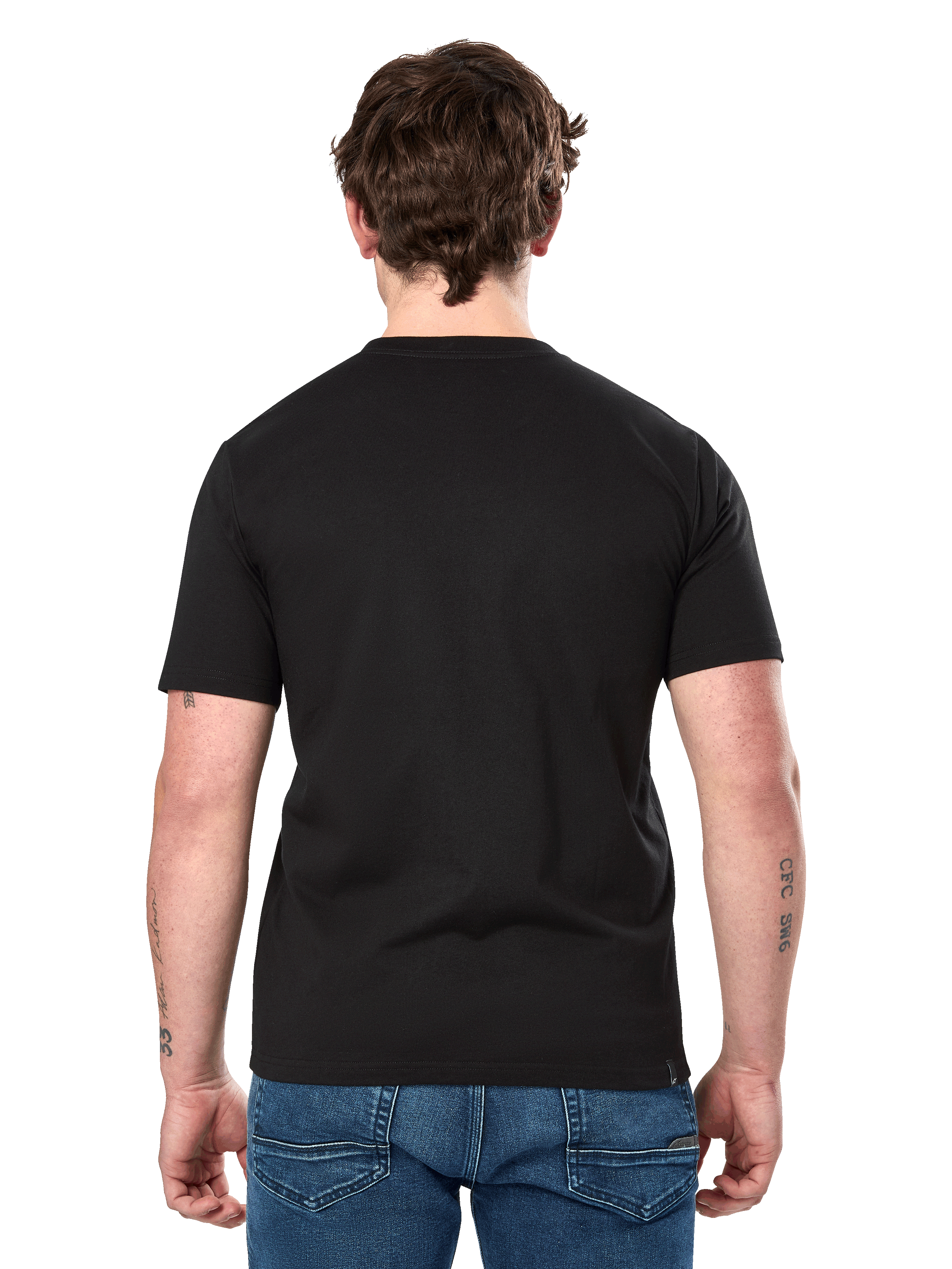 Alpinestars Dot Carbon CSF Tee, Short Sleeve T-Shirt, Black, rear view on model showing plain back and casual fit, worn with blue jeans, motorsport-inspired streetwear