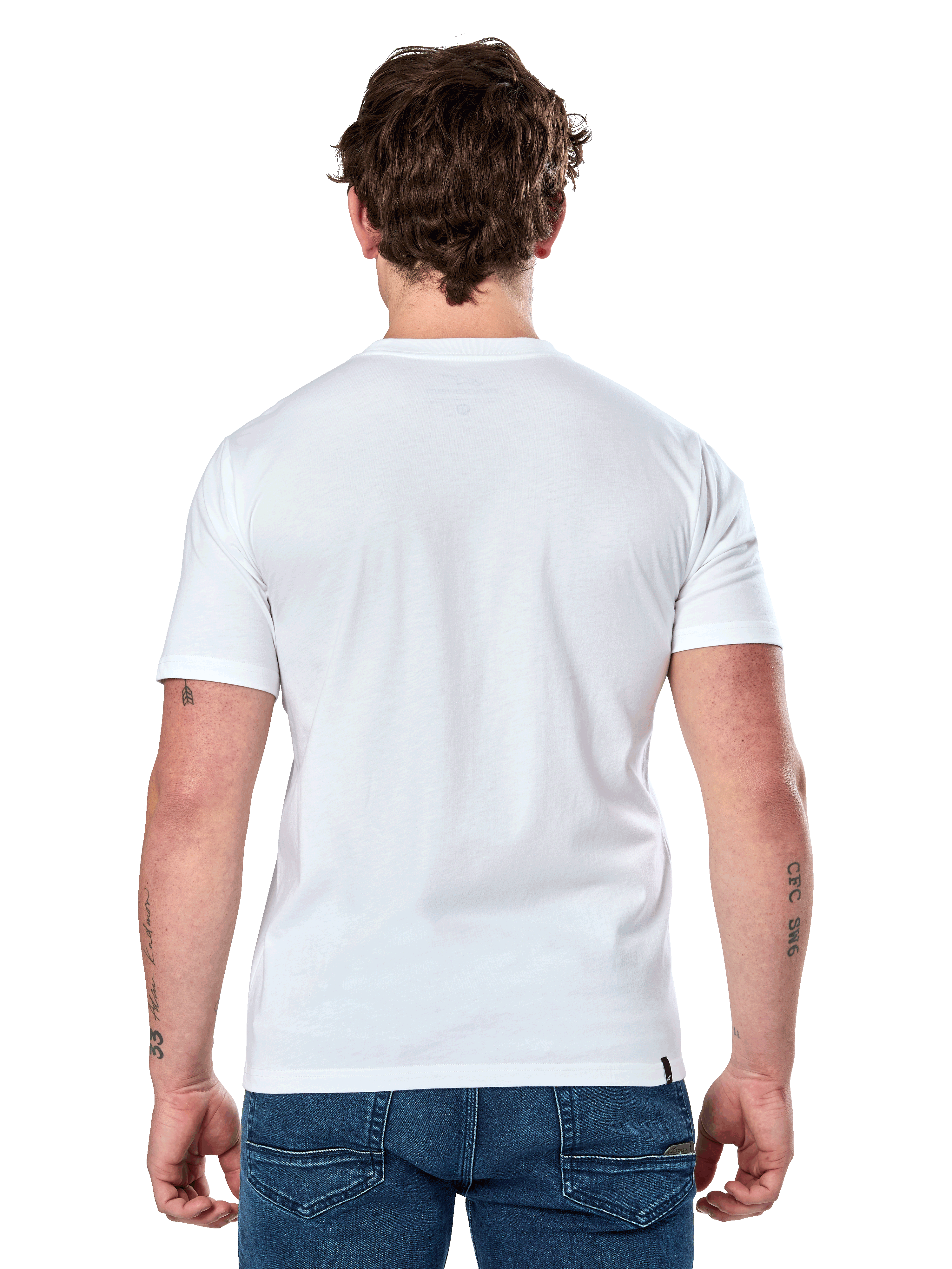 Alpinestars Dot Carbon Csf Tee, kortärmad t-shirt, vit, sedd bakifrån på modell, bärs med blå denimjeans, casual motorsport streetwear