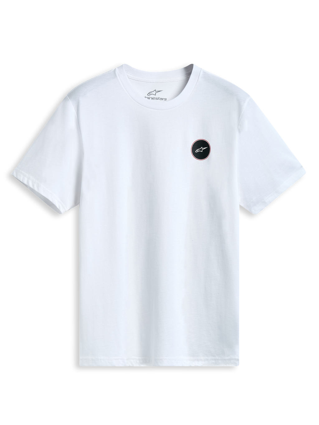 Alpinestars Dot Carbon CSF t-shirt, vit kortärmad t-shirt med rund hals och en rund Astars bröstlogotyp i kolfiberutseende