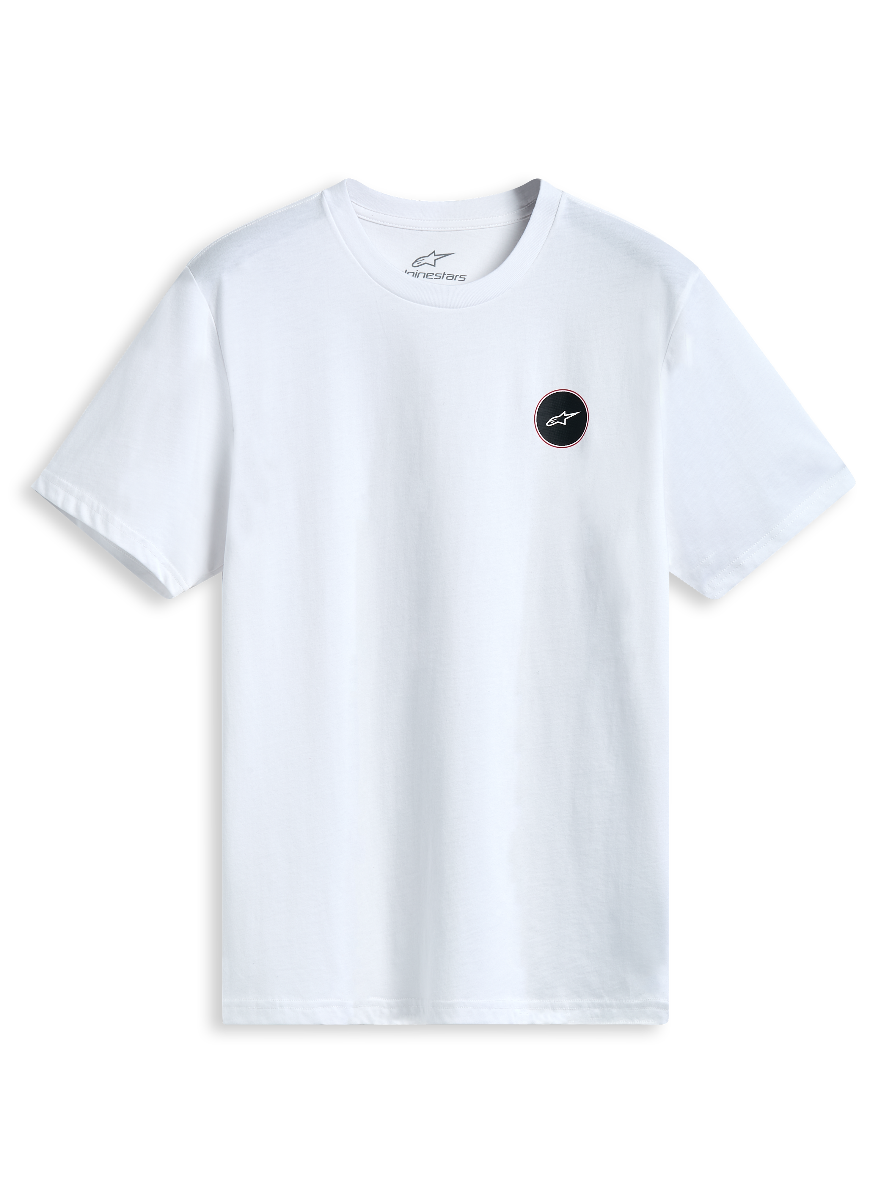 Alpinestars Dot Carbon CSF t-shirt, vit kortärmad t-shirt med rund hals och en rund Astars bröstlogotyp i kolfiberutseende