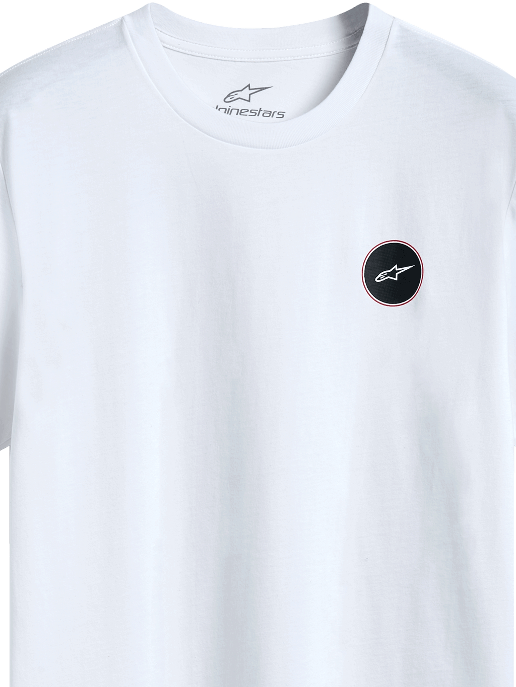 Alpinestars Dot Carbon Csf Tee, kortärmad t-shirt, vit, detaljvy av cirkulär svart logotyp med kolfiberutseende och vit stjärna, tryck på insidan av nacken, casual motorsport streetwear