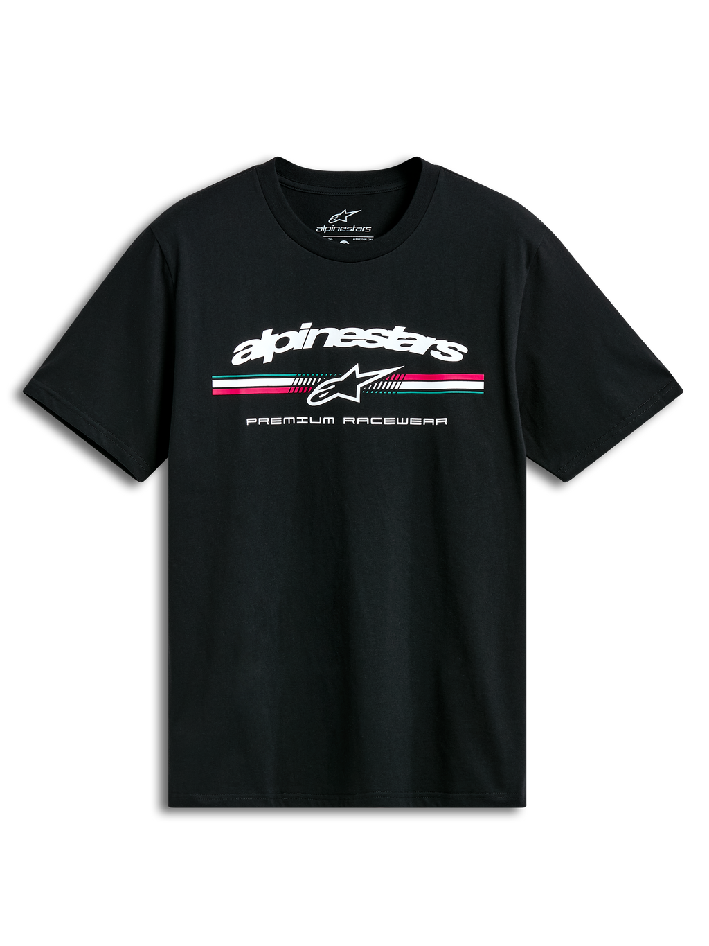 Alpinestars Prevail CSF t-shirt, svart kortärmad t-shirt med paddock-inspirerad trefärgad logotyp och tryck på bröstet