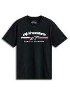 Alpinestars Prevail CSF t-shirt, svart kortärmad t-shirt med paddock-inspirerad trefärgad logotyp och tryck på bröstet