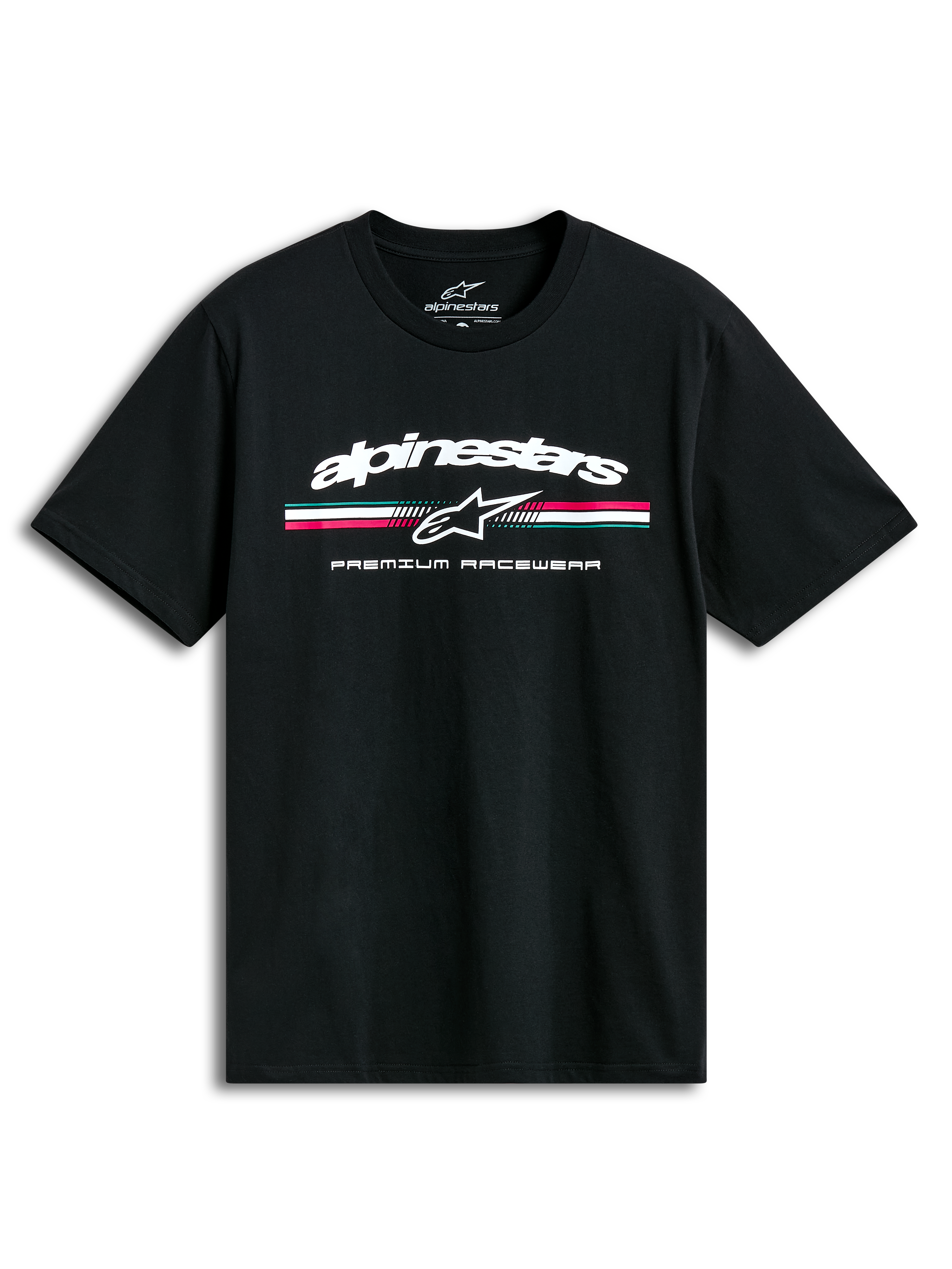 Alpinestars Prevail CSF t-shirt, svart kortärmad t-shirt med paddock-inspirerad trefärgad logotyp och tryck på bröstet