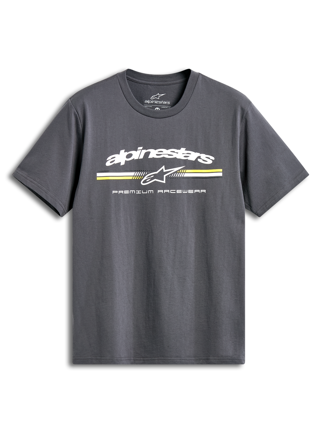 Alpinestars Prevail CSF T-shirt, mörkgrå kortärmad t-shirt med paddock-inspirerad trefärgad rand och logotyp på bröstet, bekväm sportswear