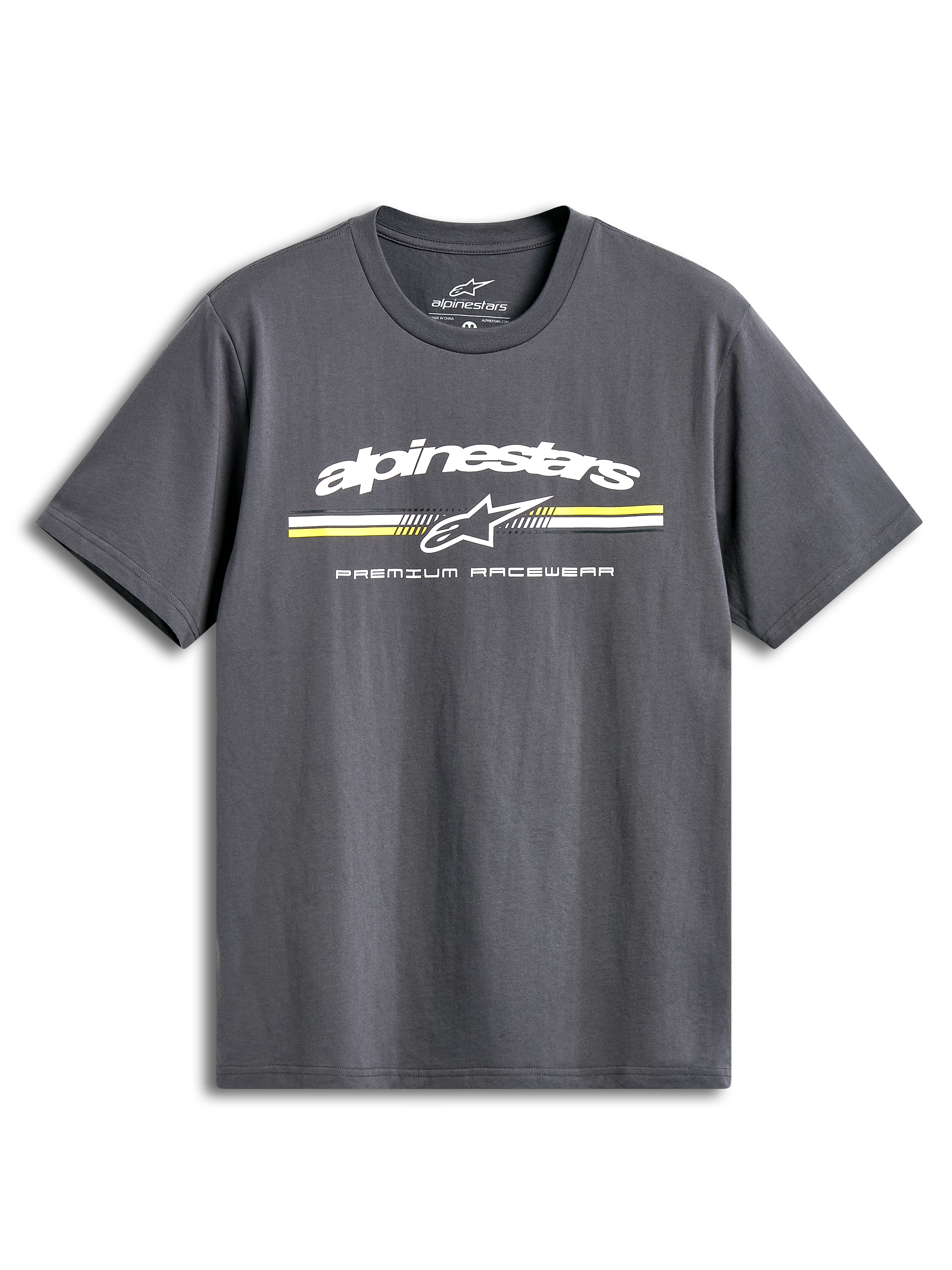 Alpinestars Prevail CSF T-shirt, mörkgrå kortärmad t-shirt med paddock-inspirerad trefärgad rand och logotyp på bröstet, bekväm sportswear