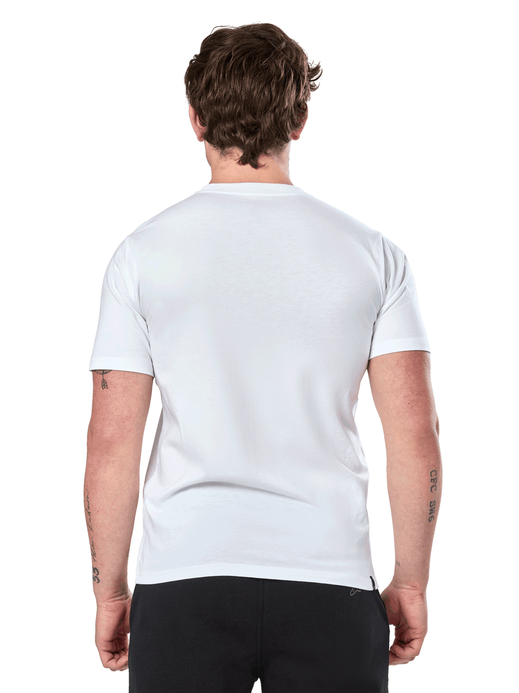 Alpinestars Prevail CSF Tee, kortärmad t-shirt, vit, ryggvy, bärs med svarta byxor, casual motorsport-streetwear