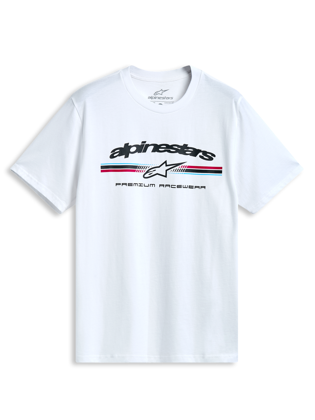 Alpinestars Prevail CSF t-shirt, vit kortärmad t-shirt med paddockinspirerad trefärgad randlogotyp på bröstet, mjuk och skön streetwear