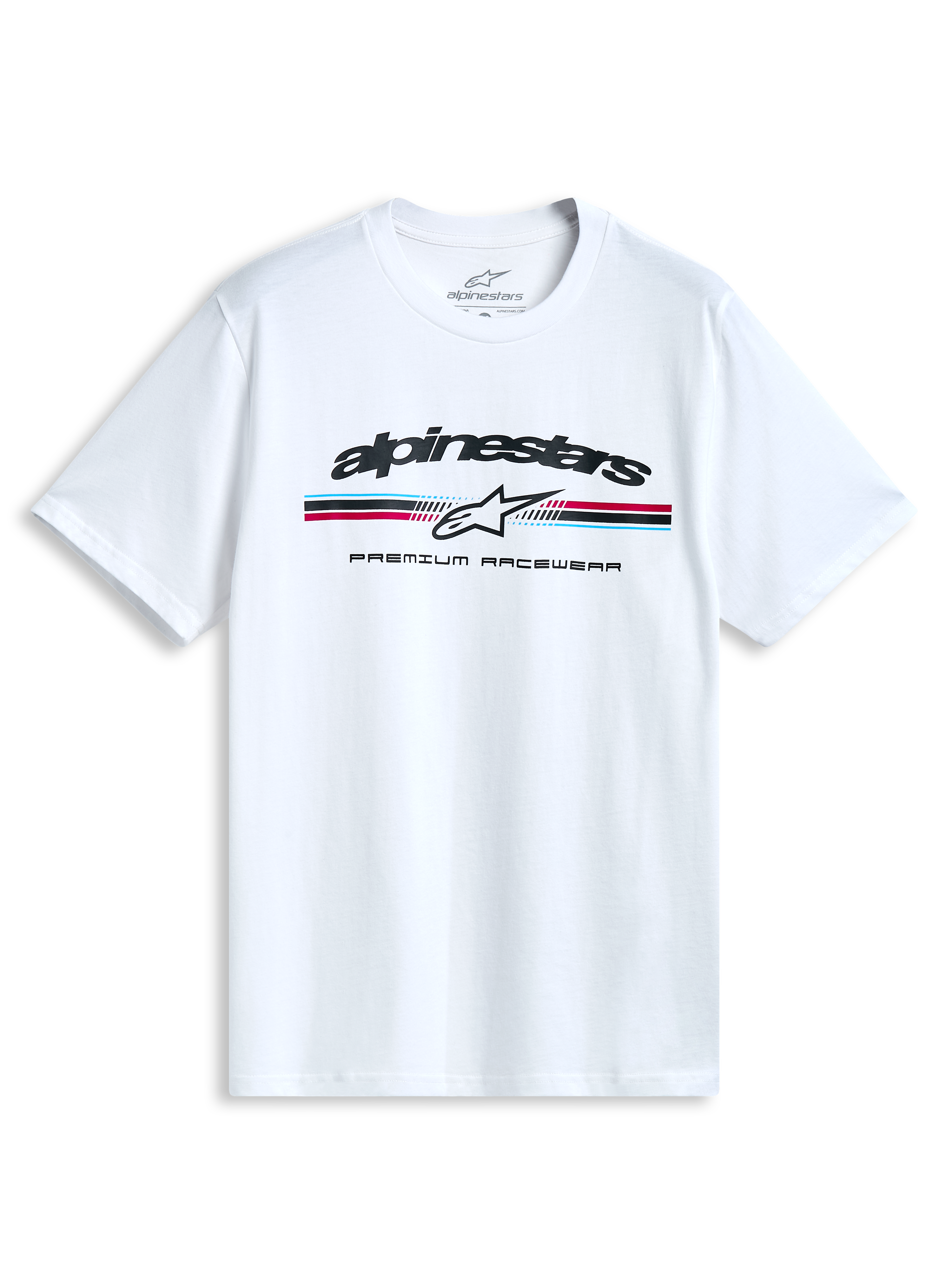 Alpinestars Prevail CSF t-shirt, vit kortärmad t-shirt med paddockinspirerad trefärgad randlogotyp på bröstet, mjuk och skön streetwear