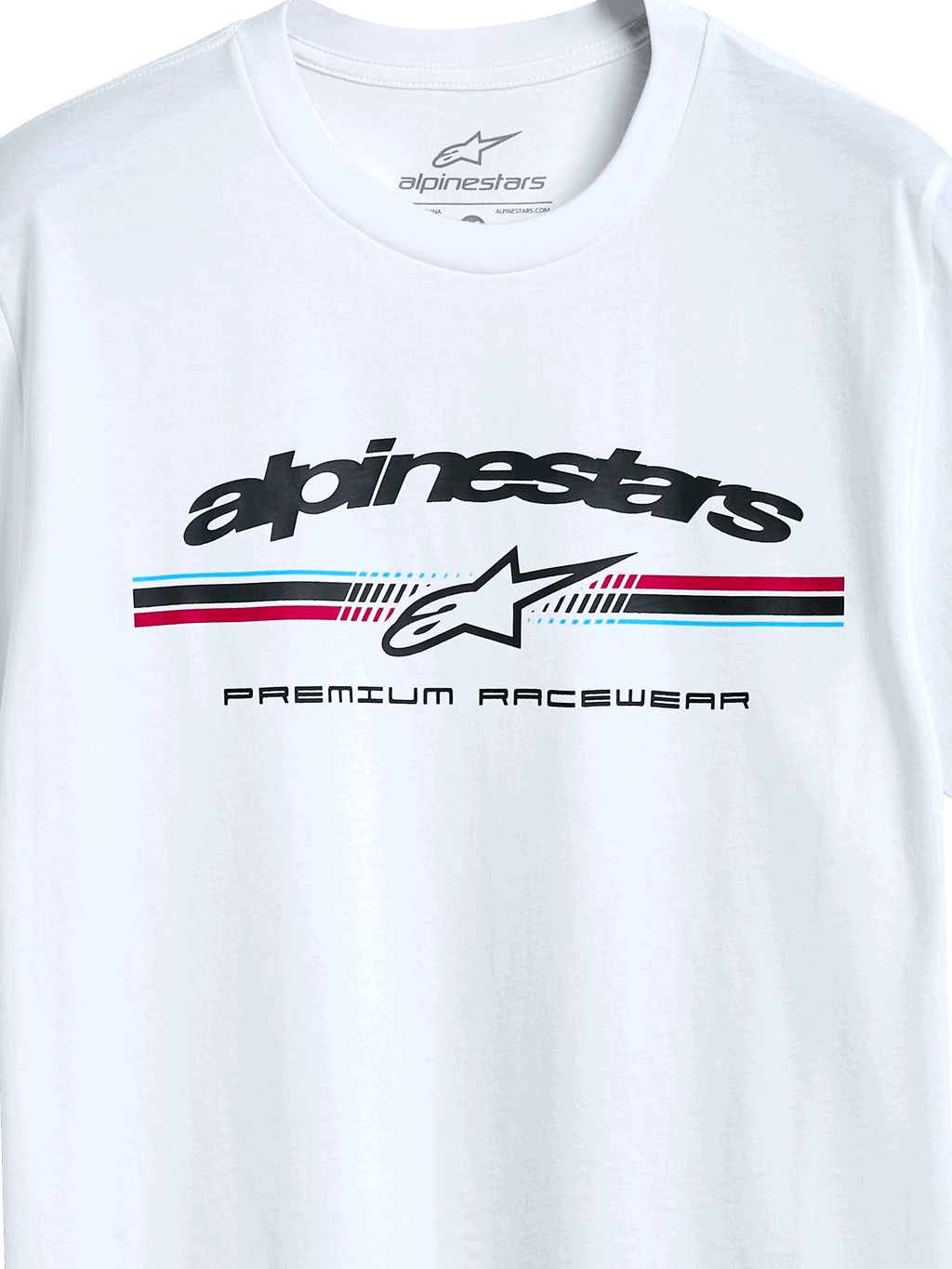 Alpinestars Prevail CSF Tee, kortärmad t-shirt, vit, paddockinspirerad logotyp med trefärgade ränder, Alpinestars stjärnikon och texten ”Premium Racewear”, vardaglig motorsportinspirerad design