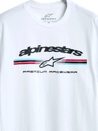 Alpinestars Prevail CSF Tee, kortärmad t-shirt, vit, paddockinspirerad logotyp med trefärgade ränder, Alpinestars stjärnikon och texten ”Premium Racewear”, vardaglig motorsportinspirerad design