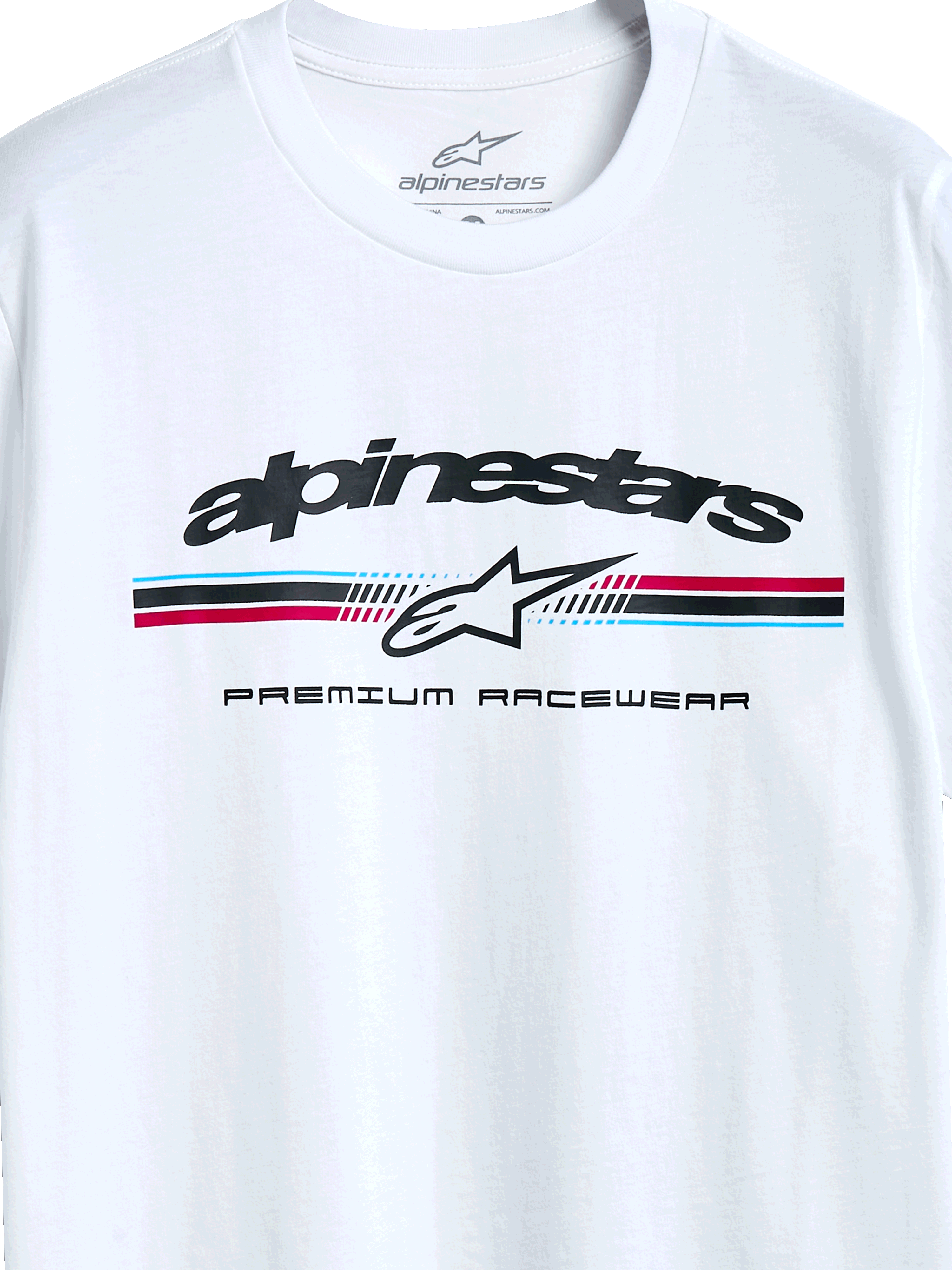 Alpinestars Prevail CSF Tee, kortärmad t-shirt, vit, paddockinspirerad logotyp med trefärgade ränder, Alpinestars stjärnikon och texten ”Premium Racewear”, vardaglig motorsportinspirerad design