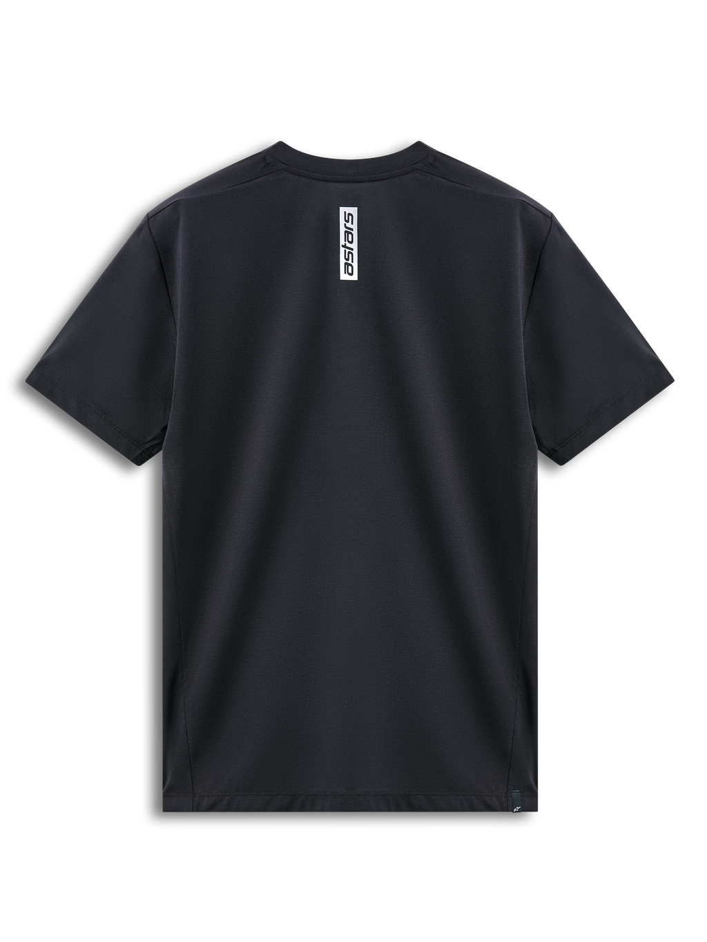 Alpinestars Point Performance Tee, kortärmad t-shirt, svart, vy bakifrån som visar vertikalt vitt Astars-logotryck i nacken, fukttransporterande funktionsplagg