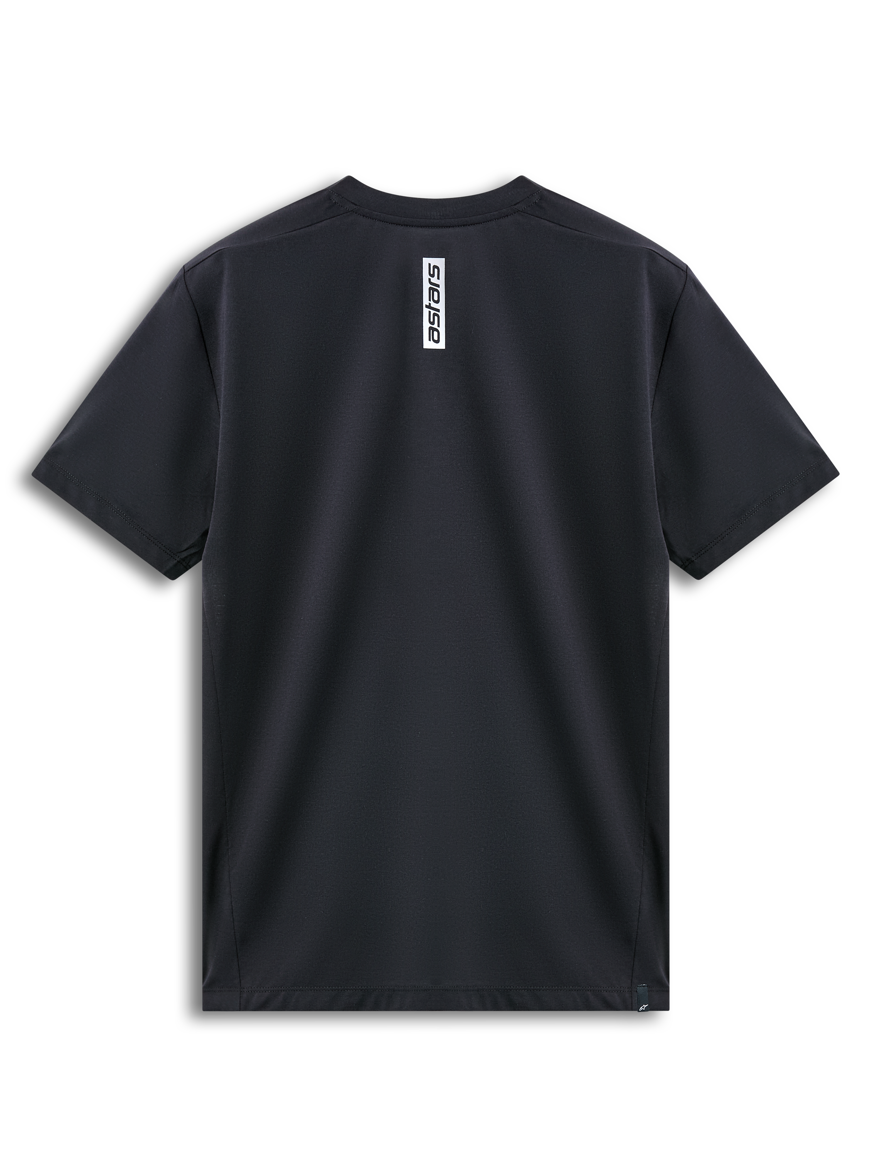 Alpinestars Point Performance Tee, kortärmad t-shirt, svart, vy bakifrån som visar vertikalt vitt Astars-logotryck i nacken, fukttransporterande funktionsplagg
