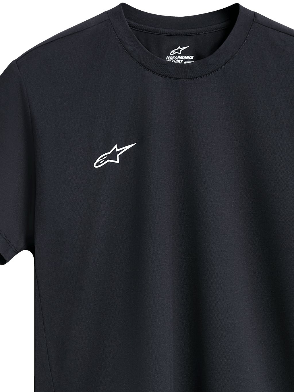 Alpinestars Point Performance Tee, kortärmad prestanda-T-shirt, svart, liten vit logotyp på bröstet, rundhalsad, hållbar sportklädesdesign