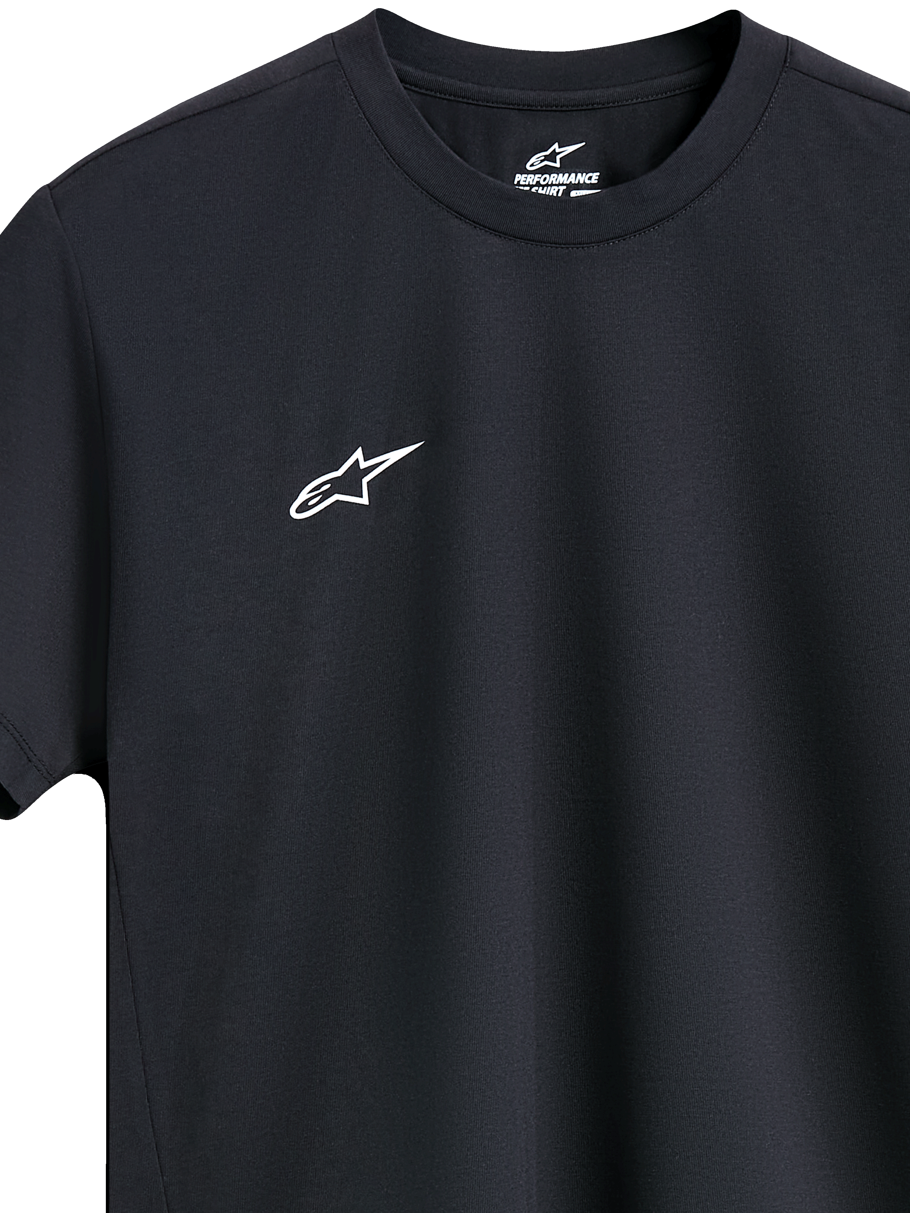 Alpinestars Point Performance Tee, kortärmad prestanda-T-shirt, svart, liten vit logotyp på bröstet, rundhalsad, hållbar sportklädesdesign