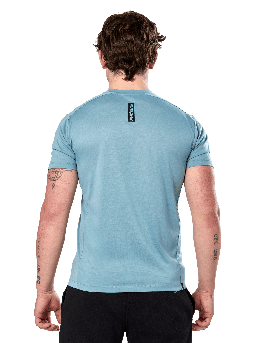 Alpinestars Point Performance T-shirt – kortärmad, isblå, vy bakifrån med liten vertikal svart ”astars”-logotyp på övre delen av ryggen, fukttransporterande funktionsmaterial, avslappnade sportkläder