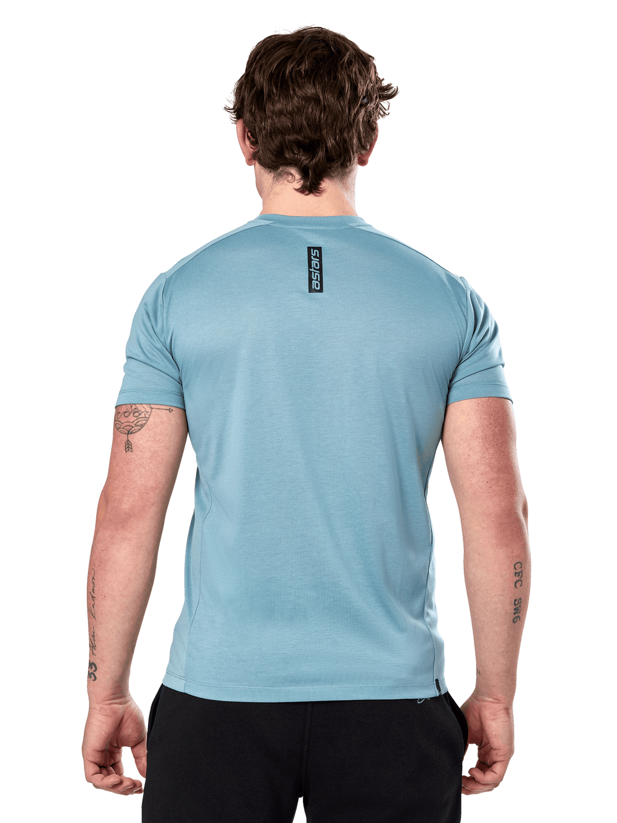 Alpinestars Point Performance T-shirt – kortärmad, isblå, vy bakifrån med liten vertikal svart ”astars”-logotyp på övre delen av ryggen, fukttransporterande funktionsmaterial, avslappnade sportkläder