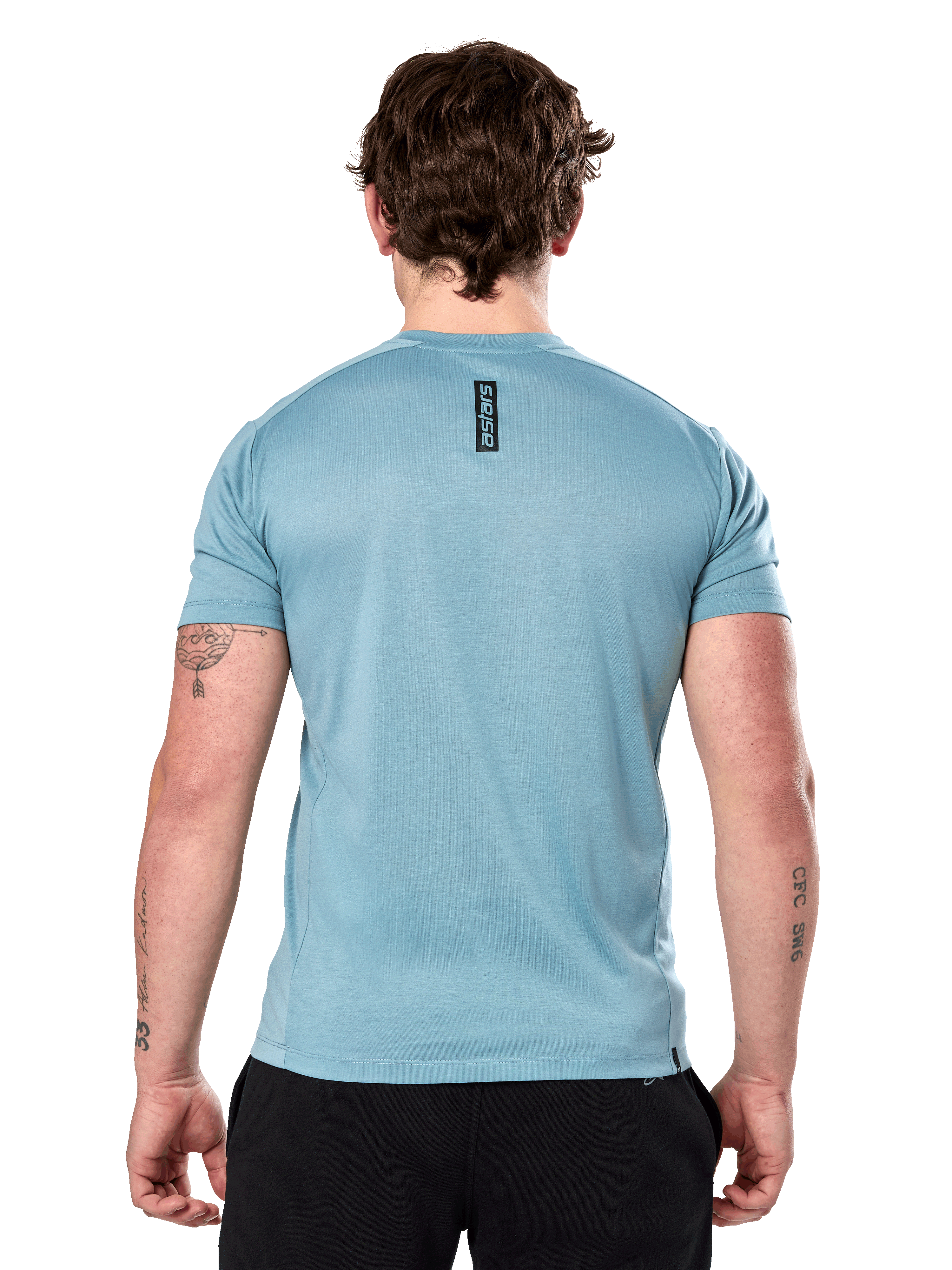 Alpinestars Point Performance T-shirt – kortärmad, isblå, vy bakifrån med liten vertikal svart ”astars”-logotyp på övre delen av ryggen, fukttransporterande funktionsmaterial, avslappnade sportkläder