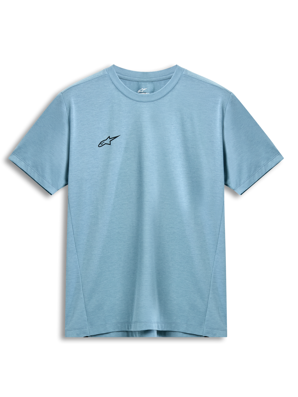 Alpinestars Point Performance Tee, kortärmad t-shirt, isblå, liten svart stjärnlogotyp på bröstet, rundhalsad, hållbart fukttransporterande funktionsmaterial, casual motorsport-streetwear